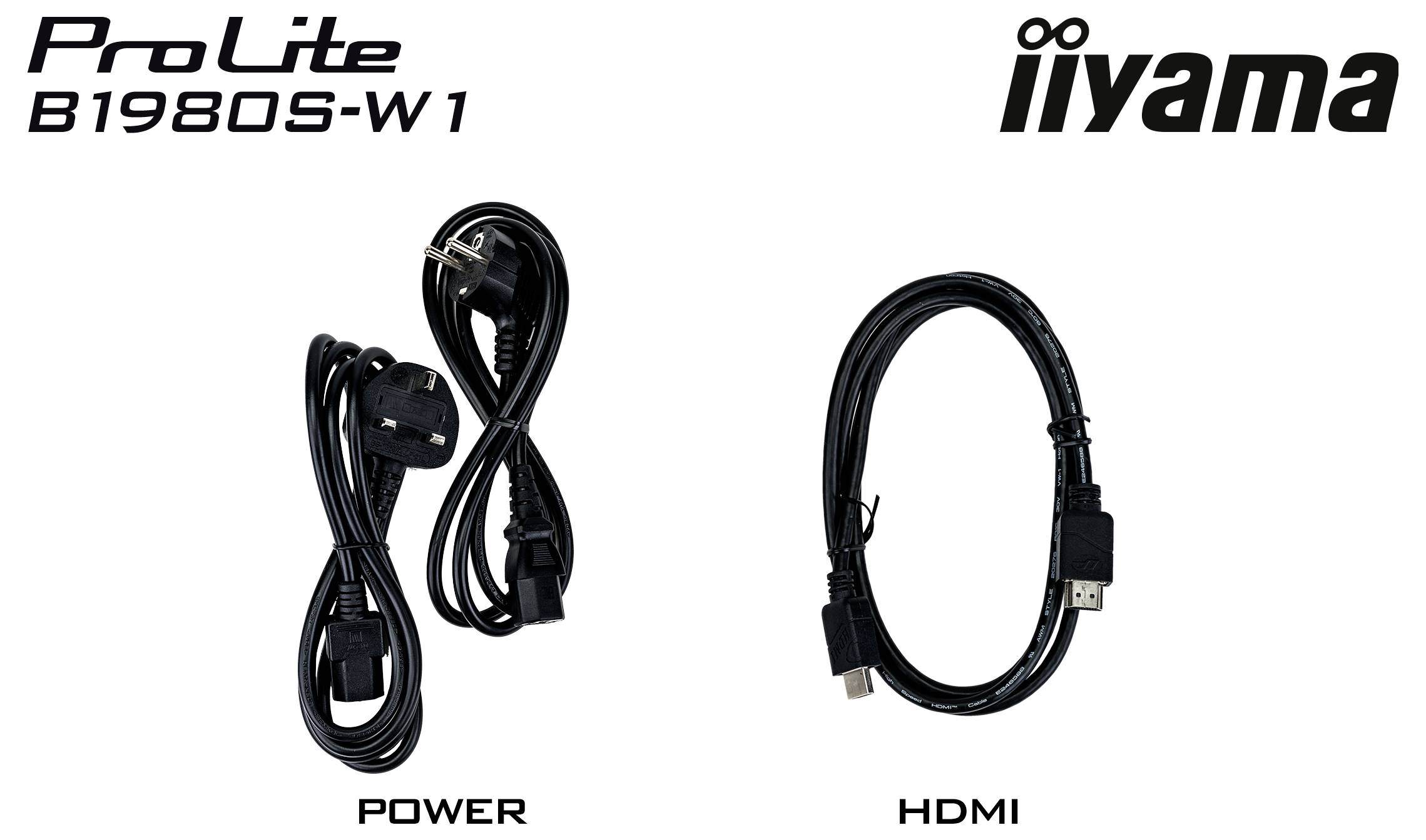 'ProLite B1980S-W1 iiyama' text v horní části. Dva kabely pod ním: napájecí kabel označený 'POWER' a kabel HDMI označený 'HDMI'.