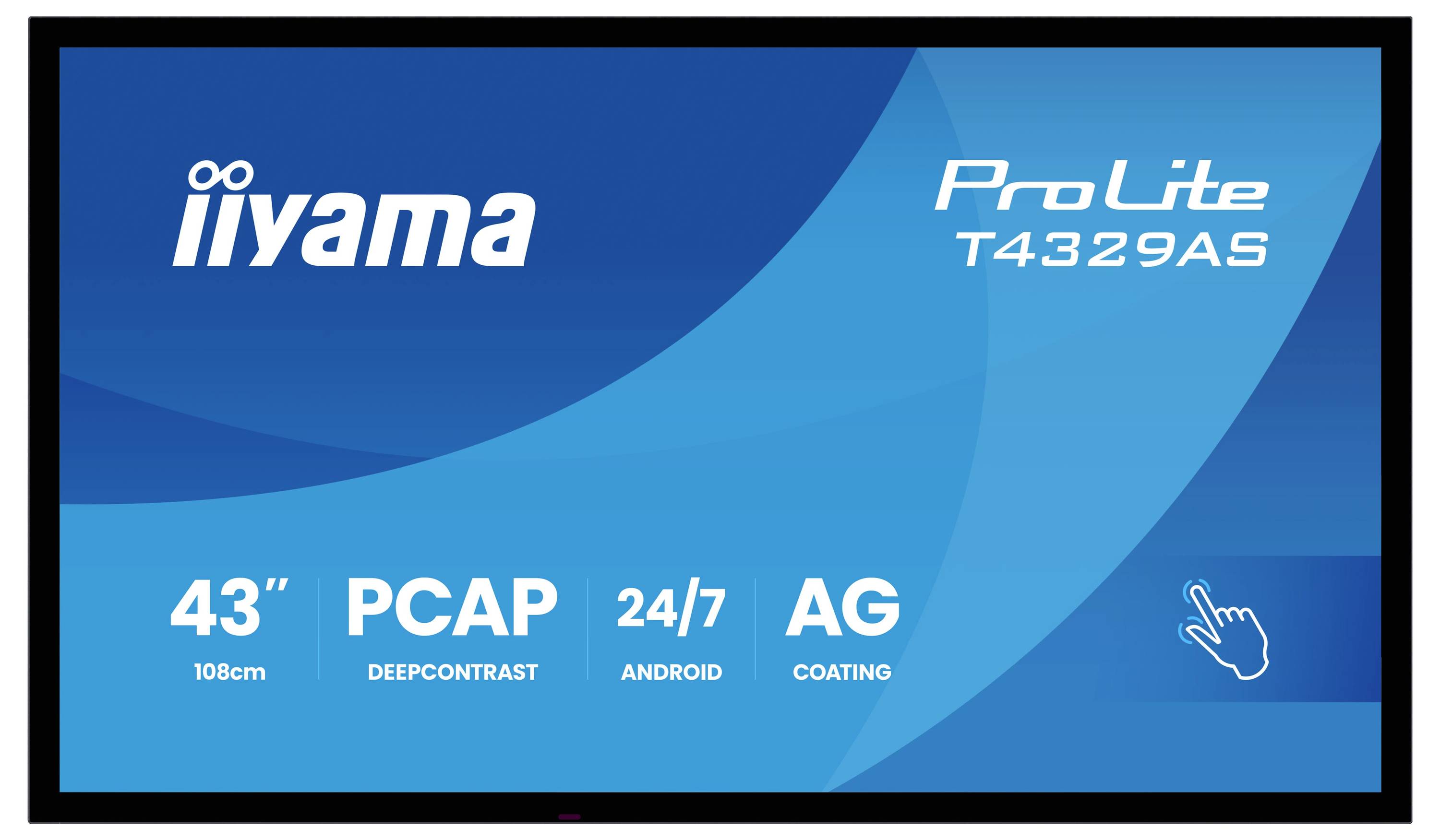 'Modrá obrazovka představující vlastnosti iiyama ProLite T4329AS: 43" PCAP dotyková obrazovka, vysoký kontrast, 24/7 provoz s Androidem, povrchová úprava AG.'