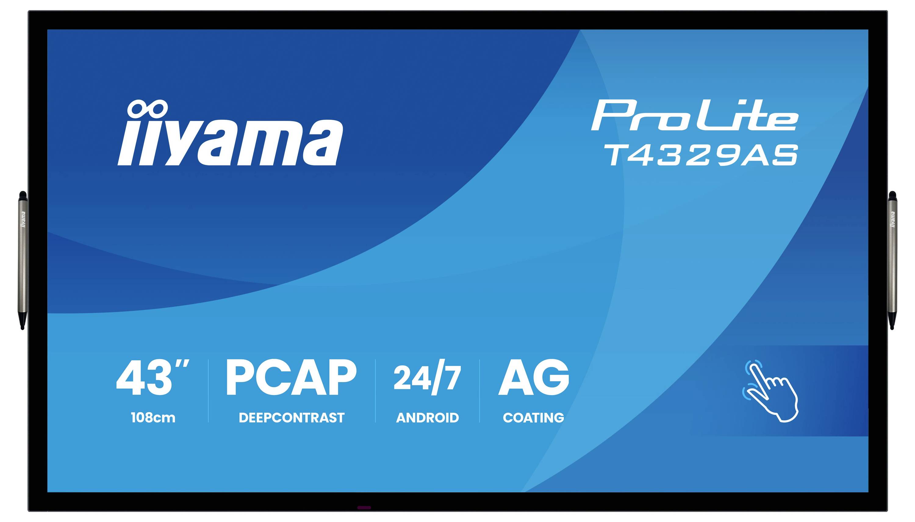 Iiyama ProLite T4329AS, 43palcový displej Android s PCAP dotykem, hluboký kontrast, matný povrch proti odrazu, schopnost provozu 24/7.
