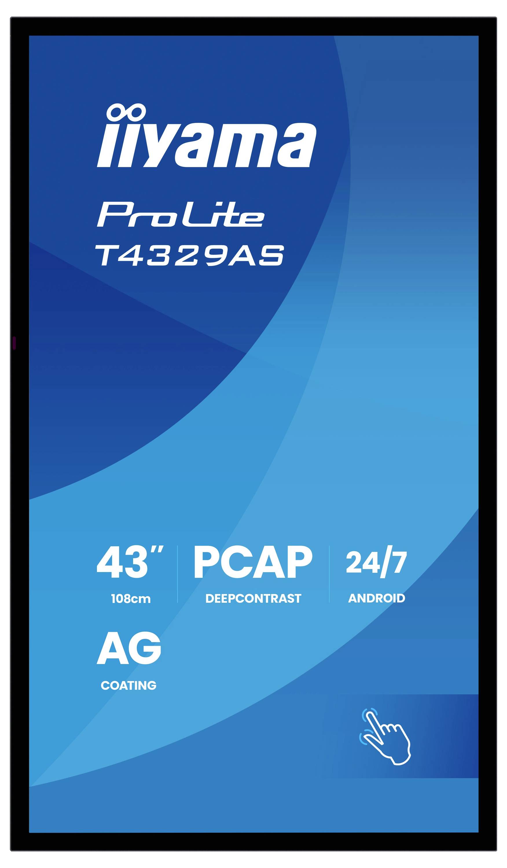 Obrazovka "ProLite T4329AS", 43 palců, technologie PCAP, hluboký kontrast, 24/7 Android, antireflexní vrstva, s modrým designem.