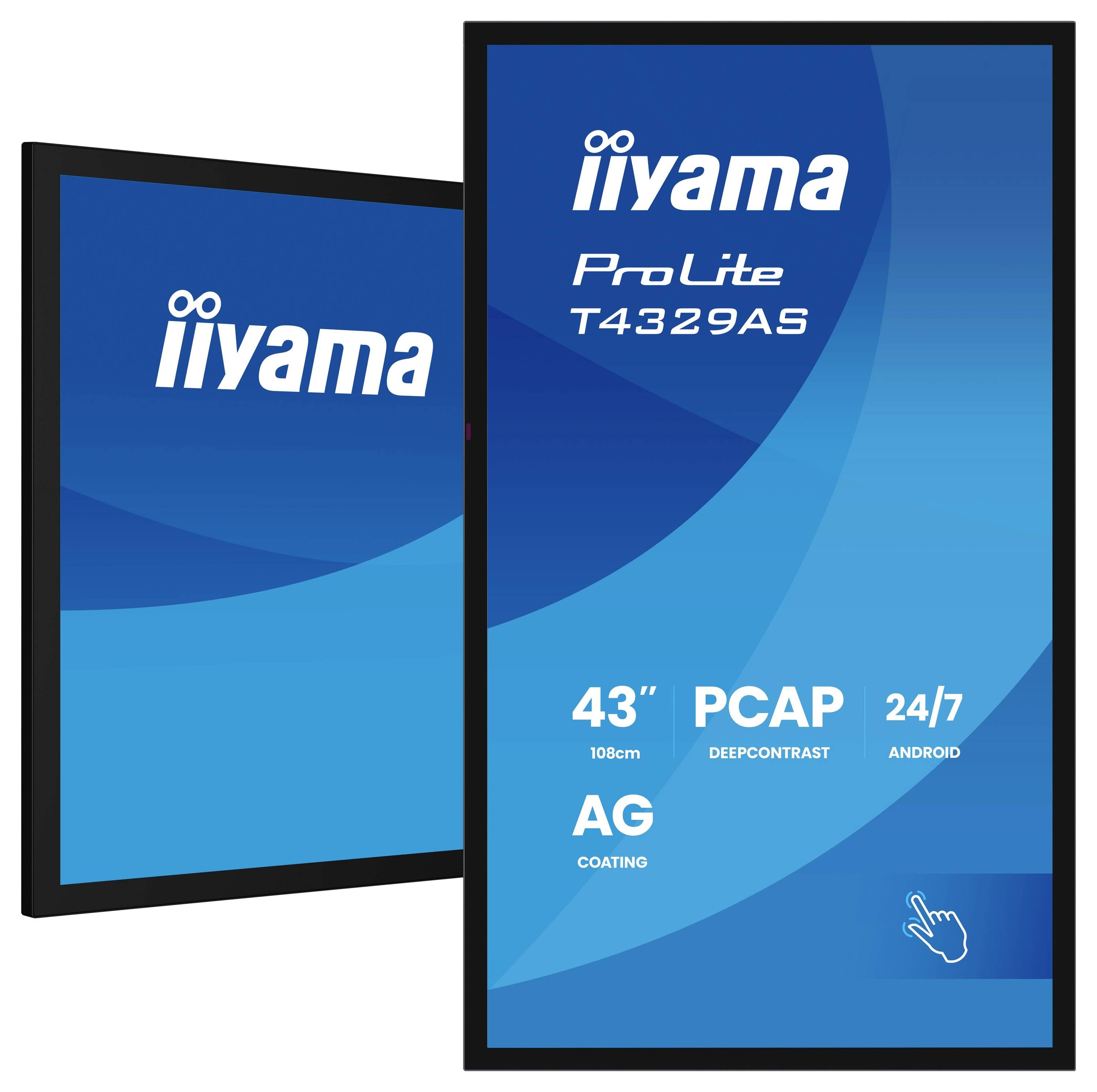 'Dva displeje iiyama ProLite T4329AS, s velikostí 43 palců, provozem 24/7, technologií PCAP, operačním systémem Android a povrchem AG.'