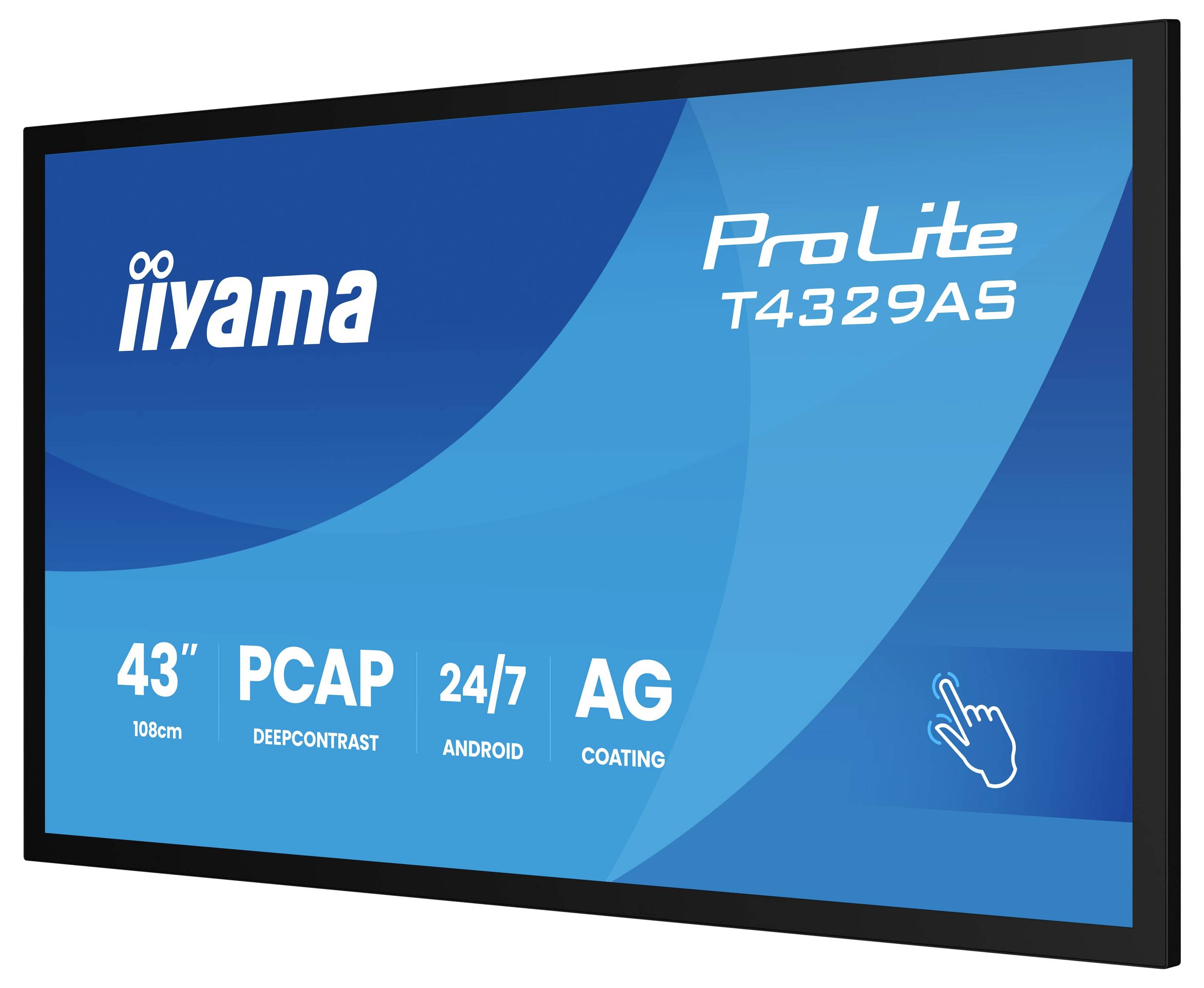 Digitální displej pro informační tabule 'ProLite T4329AS' od iiyama, obrazovka 43", kapacitní dotykové čidlo PCAP, použití 24/7, Android, matné pojítko AG, hluboký kontrast.
