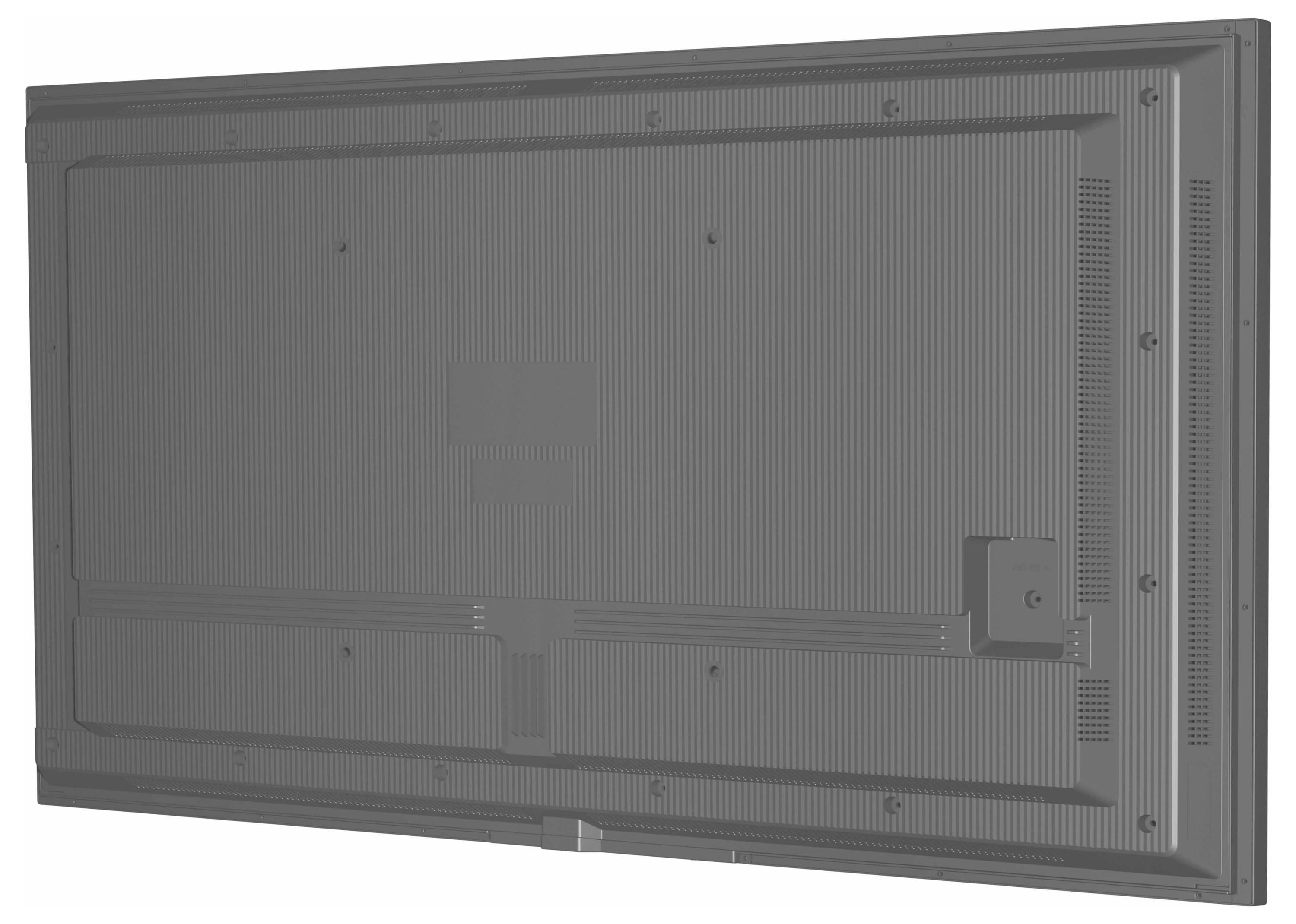 Zadní strana monitoru zobrazující porty: napájení, HDMI, USB a audio jack. Uprostřed je viditelná přípojná drážka pro montážní konzolu.