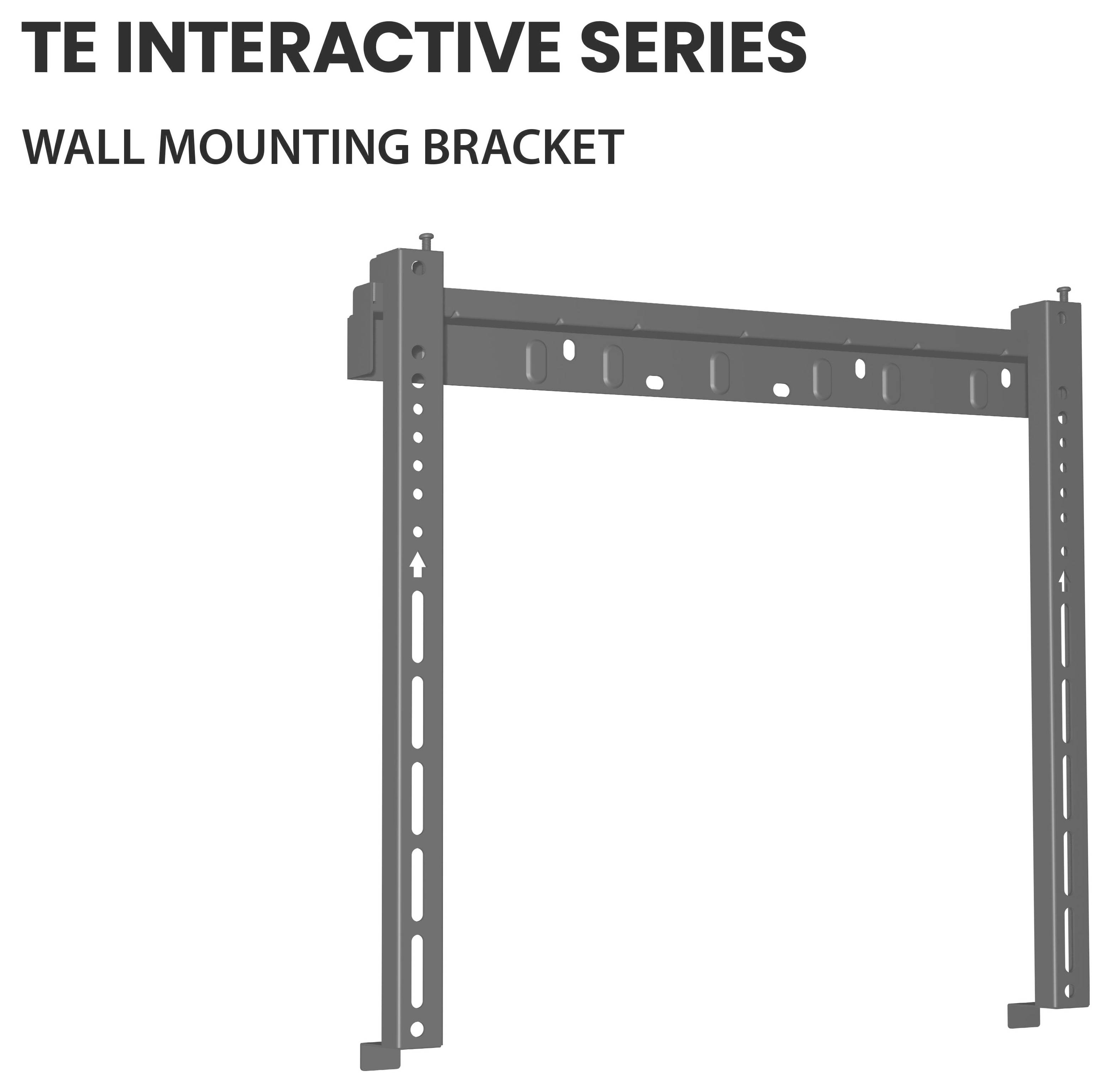 Závěsná konzola řady TE Interactive Wall Mounting Bracket zobrazená v černé barvě se svislými a vodorovnými pruhy, vícečetnými otvory pro nastavitelné upevnění.