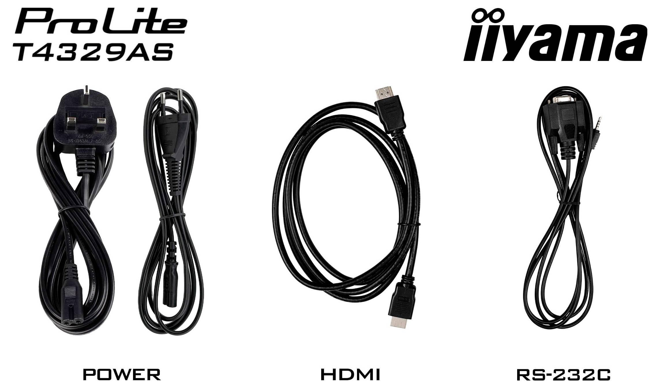 Obrázek ukazuje tři typy kabelů: napájecí kabel, HDMI kabel a RS-232C kabel, každý je označen pod svým obrázkem.