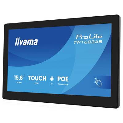 Dotykový displej s textem "iiyama ProLite TW1623AS", s ikonami označujícími velikost 15,6", dotykovou schopnost a technologii POE.