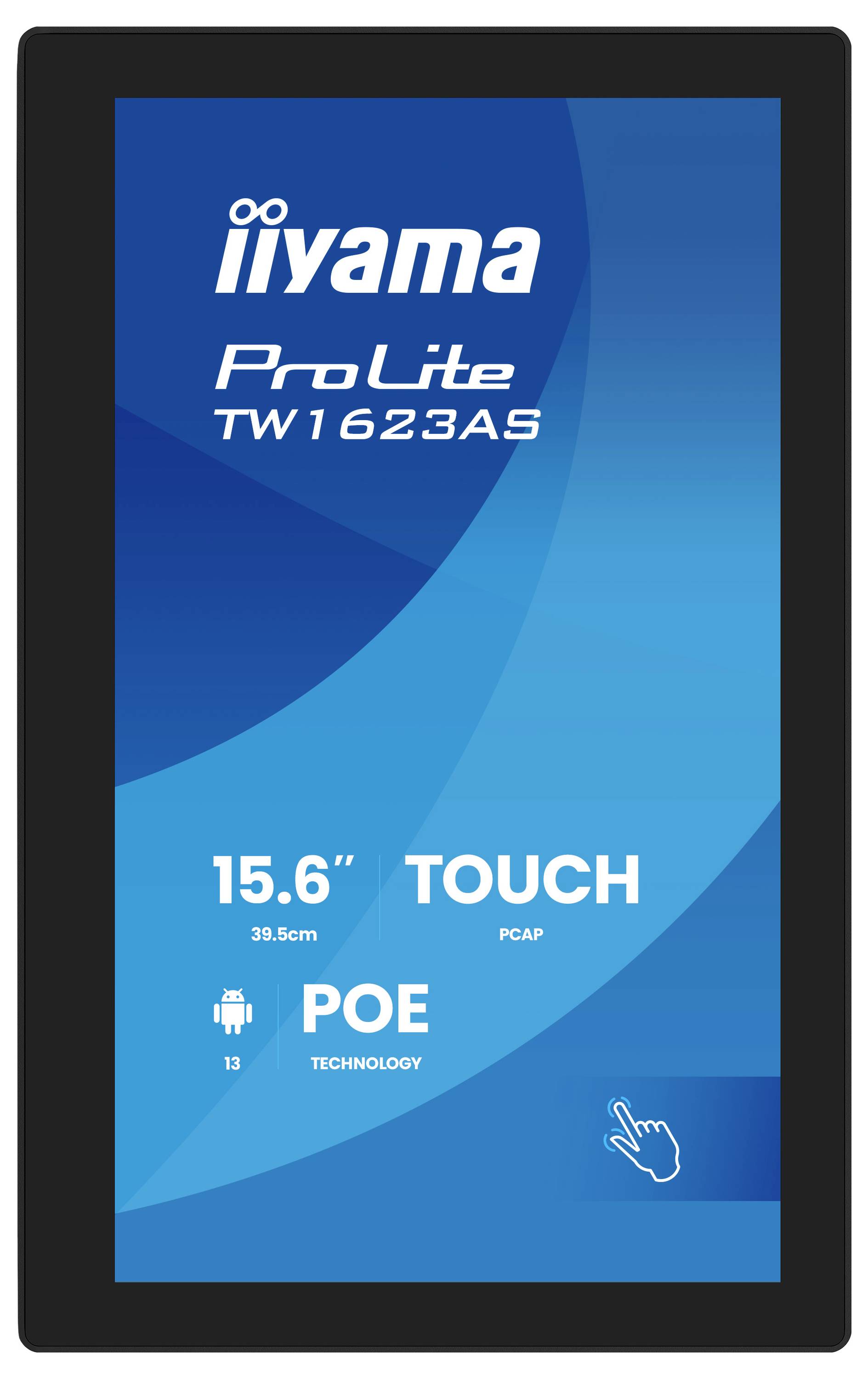 Displej 'iiyama ProLite TW1623AS' - reklamní materiál s důrazem na funkci '15,6" Touch' a technologií 'POE'.