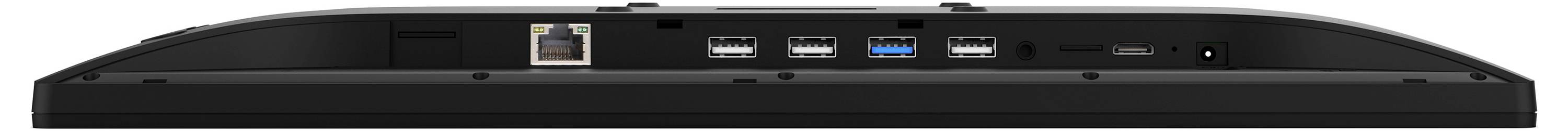 Černá základna monitoru zobrazující různé porty včetně Ethernetu, USB, HDMI a konektoru napájení na zadním panelu.