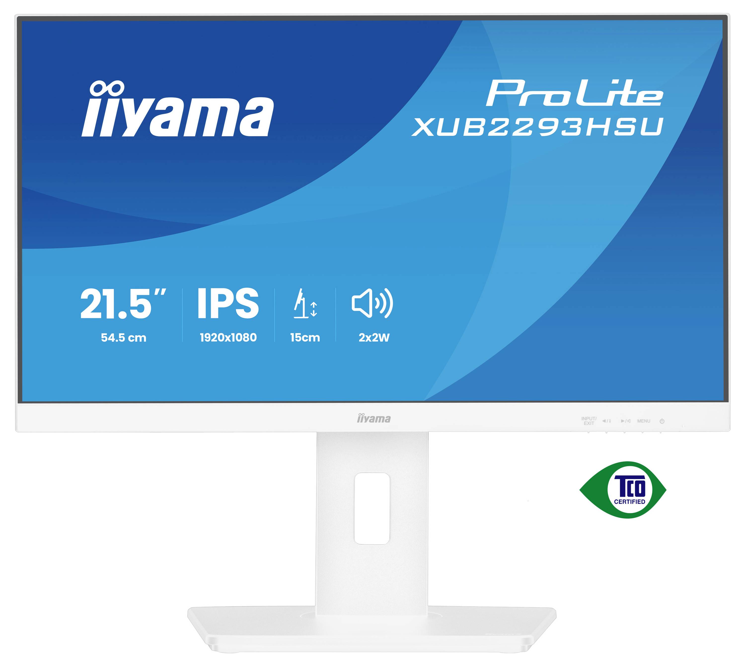 Počítačový monitor s textem "ProLite XUB2293HSU 21,5" IPS, 1920x1080", bílý rám a logo certifikace TCO.