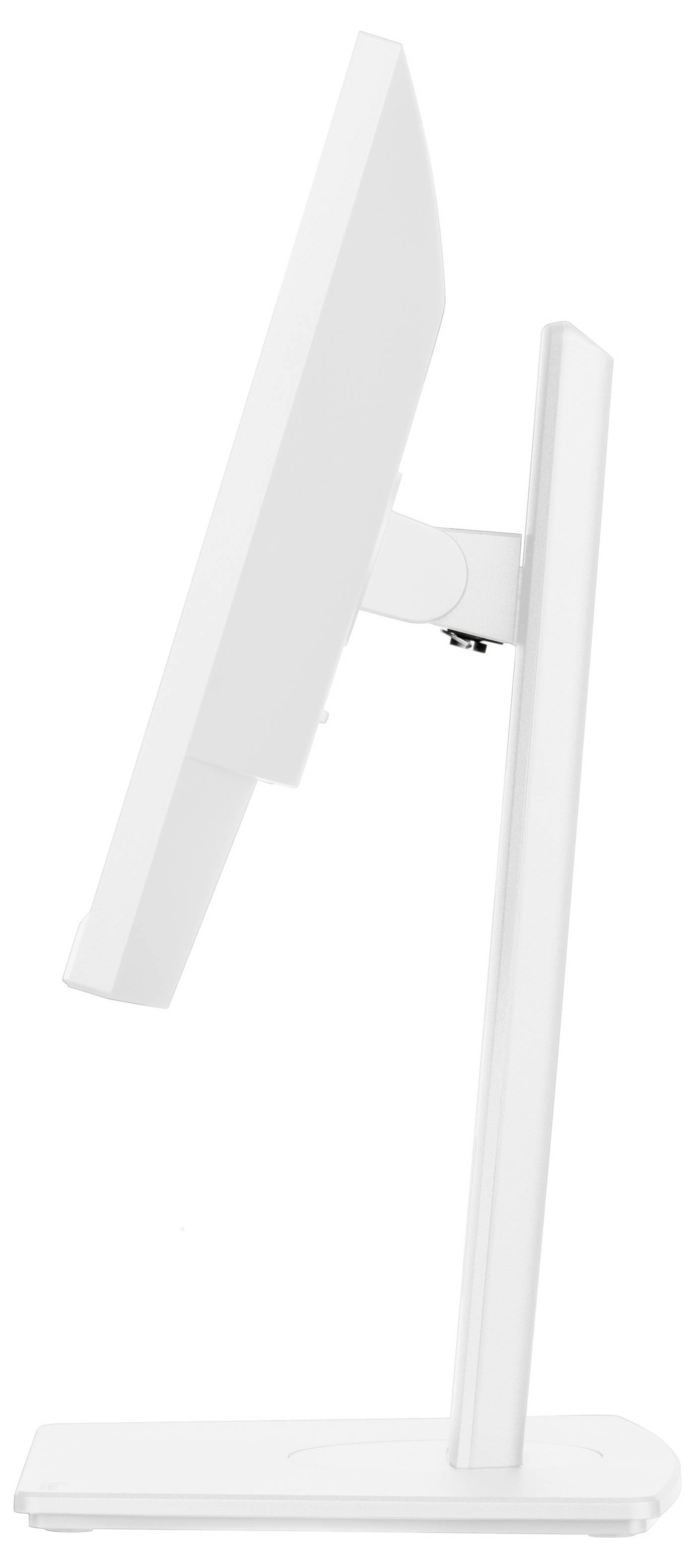 Boční pohled na elegantní, moderní bílý počítačový monitor s tenkým profilem na odpovídajícím podstavci. Obrazovka je vertikální s minimalistickým designem.