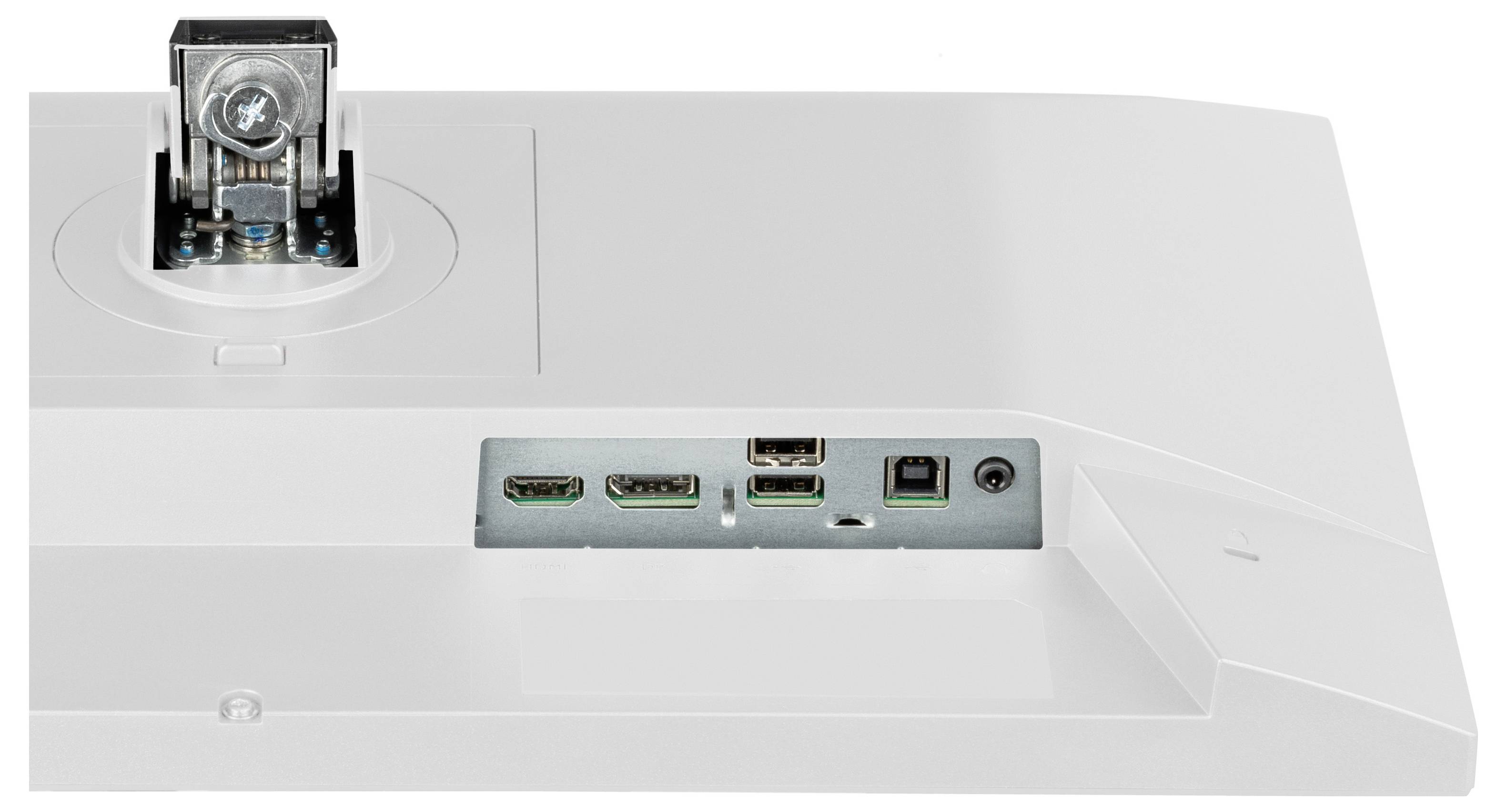 'Zadní pohled na počítačový monitor zobrazující HDMI, Ethernet, očíslované porty USB a konektor napájení na elegantním bílém panelu.'