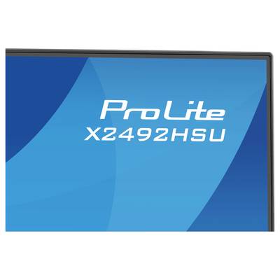 "ProLite X2492HSU" je zobrazen prominentně na modrém geometrickém pozadí, což pravděpodobně označuje model nebo název produktu pro obrazovku nebo monitor.
