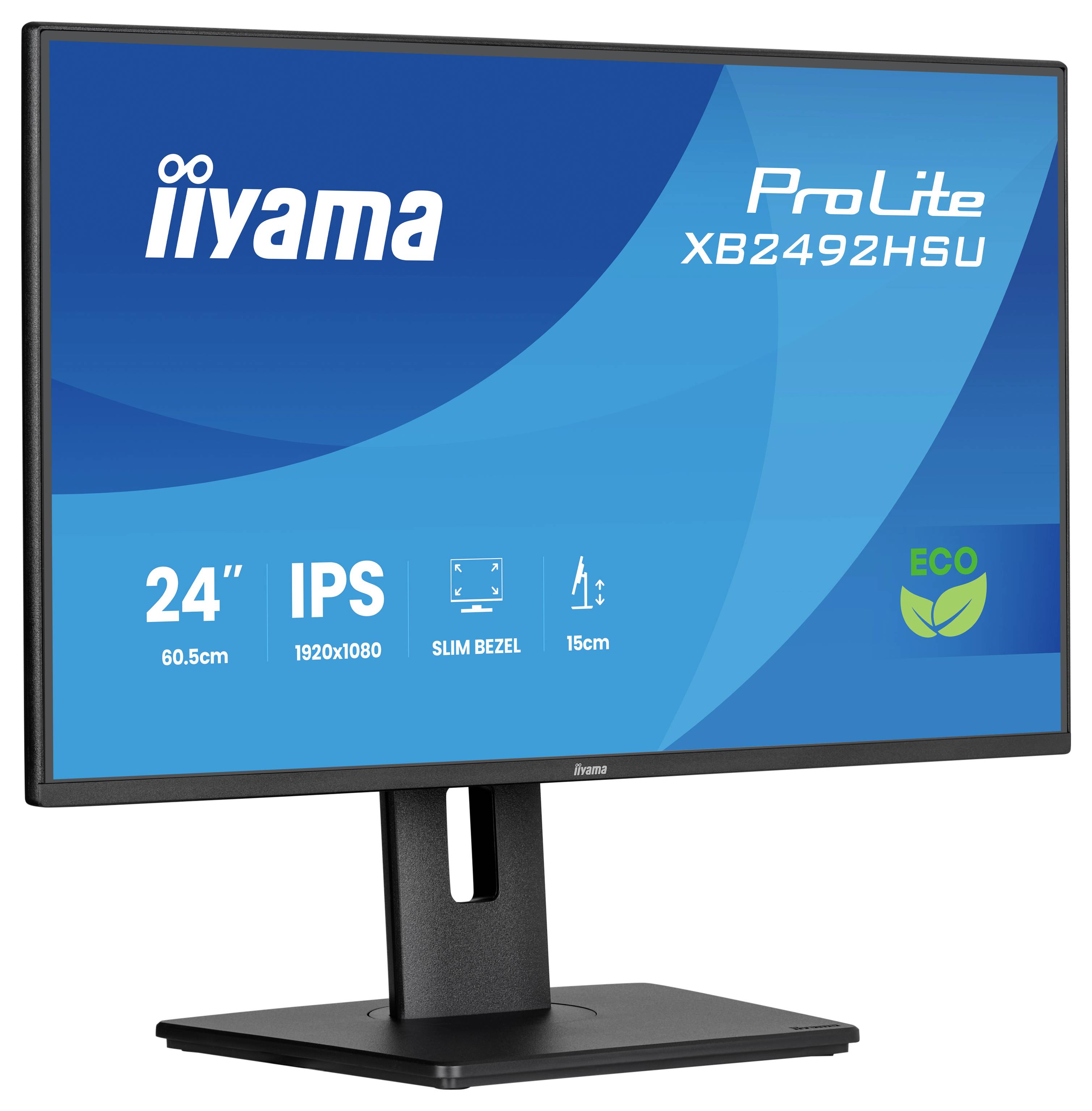 Monitor s displejem "24" IPS" je zobrazen, přičemž jsou zvýrazněny funkce "1920x1080" rozlišení, "Slim Bezel" a "Eco". Model: ProLite XB2492HSU.