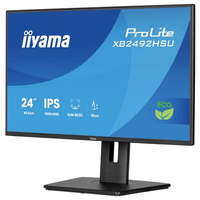 Monitor zobrazující značku a model ProLite XB2492HSU, 24palcový, IPS, rozlišení 1920x1080, tenký rámeček, funkce ECO, logo iiyama.