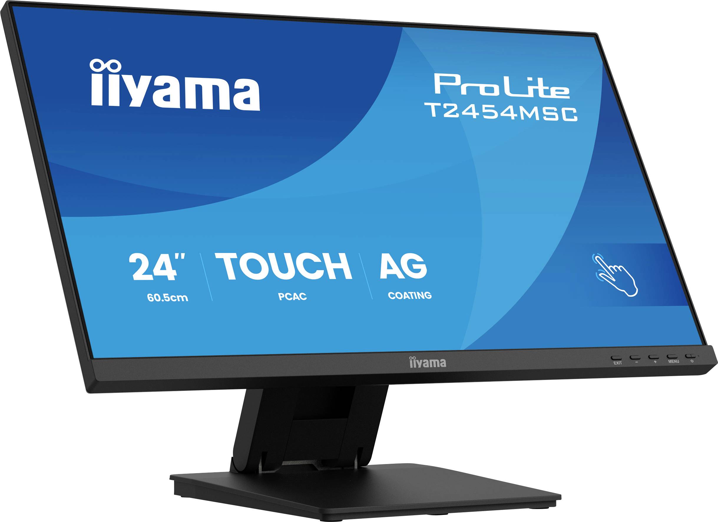 Monitor Iiyama ProLite T2454MSC s 24palcovým dotykovým displejem a antireflexní vrstvou, zobrazený z bočního úhlu na černém stojanu.
