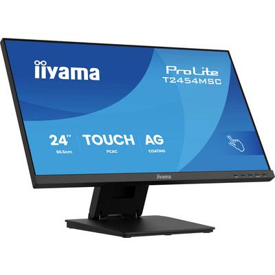 Monitor Iiyama ProLite T2454MSC s 24palcovým dotykovým displejem a antireflexní vrstvou, zobrazený z bočního úhlu na černém stojanu.