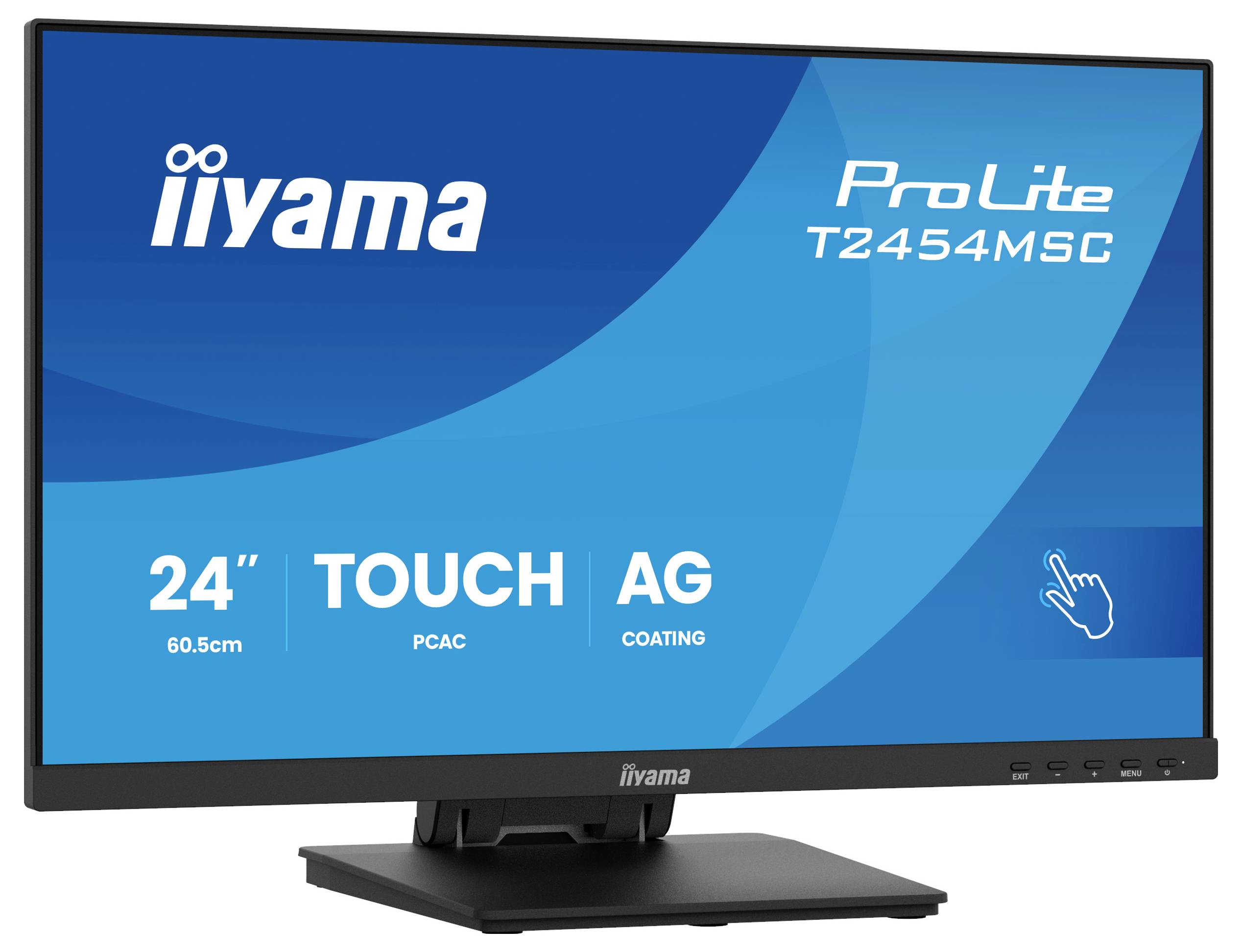 Dotykový monitor s označením „iiyama ProLite T2454MSC" zobrazený na obrazovce, funkce zahrnují „24" dotykový displej, matný povrch AG".