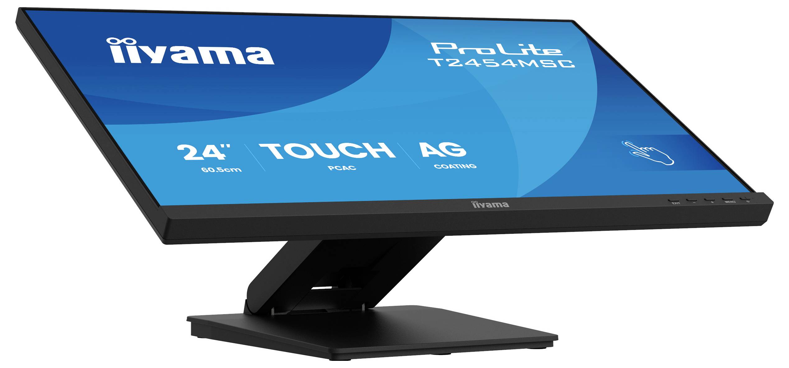 Černý monitor počítače s názvem "iiyama ProLite T2454MSC" s 24" dotykovou obrazovkou, zobrazenou v úhlu na stojanu.