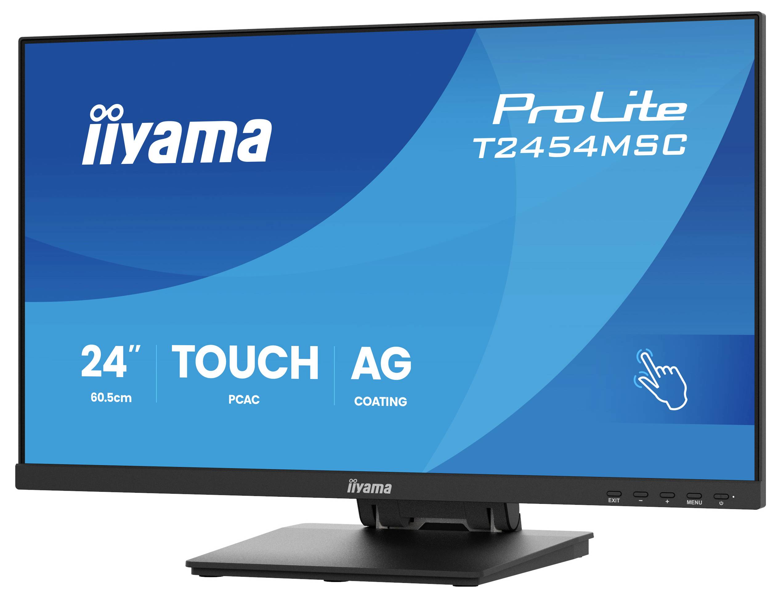 Dotykový monitor se značkou 'iiyama ProLite T2454MSC', velikost 24 palců, zdůrazňující funkce jako dotykové ovládání a anti-glare povlak.