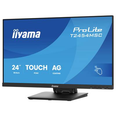 Dotykový monitor se značkou 'iiyama ProLite T2454MSC', velikost 24 palců, zdůrazňující funkce jako dotykové ovládání a anti-glare povlak.