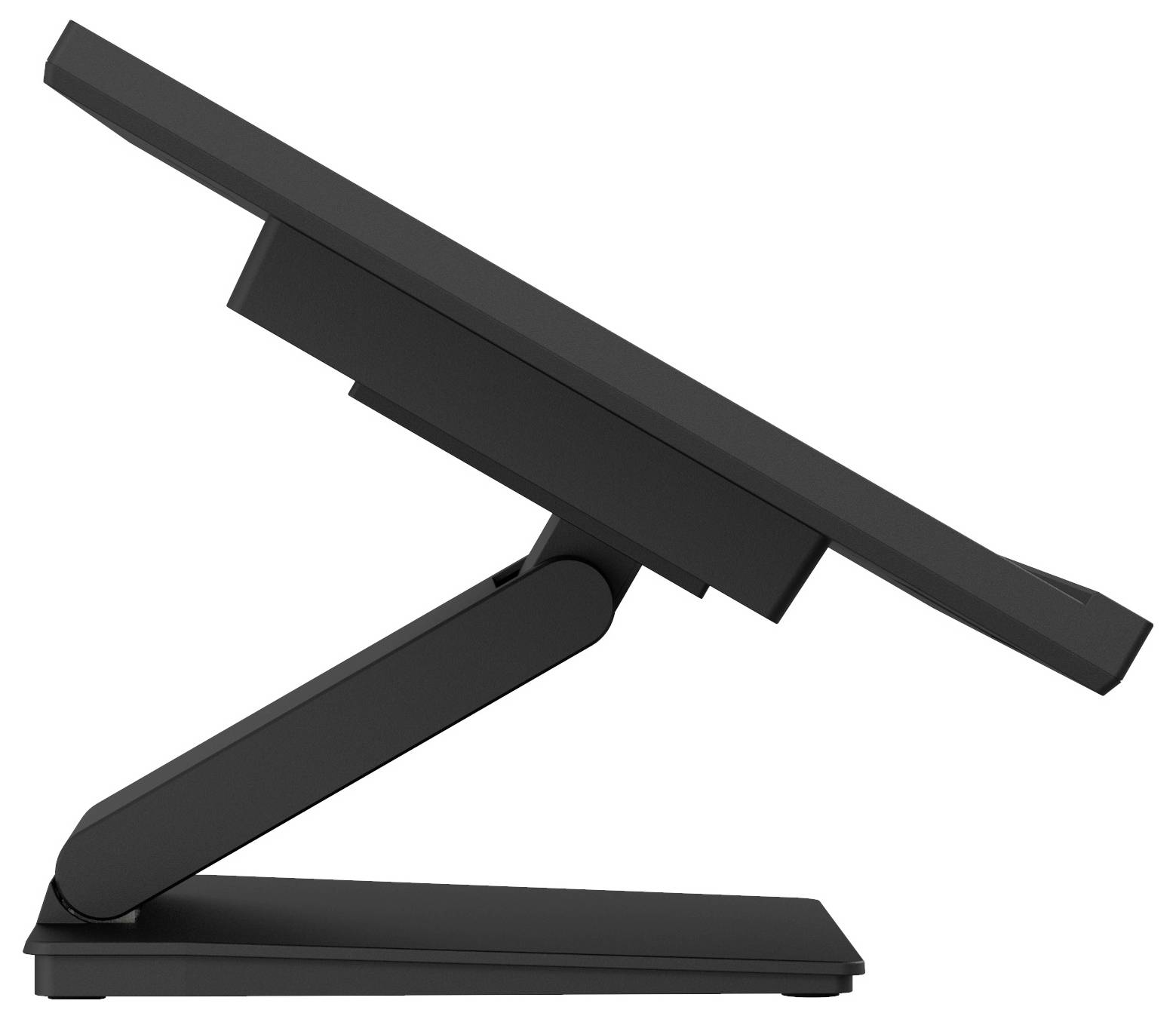 Boční pohled na elegantní, sklopný digitální displej na pevné podstavě, který vykazuje jeho nastavitelný design pro ergonomické používání.