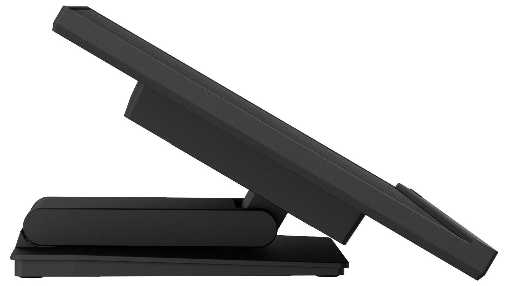Černý nastavitelný stojan na monitor v naklonené poloze, který ukazuje jeho flexibilitu pro ergonomické použití na pracovních stolech.