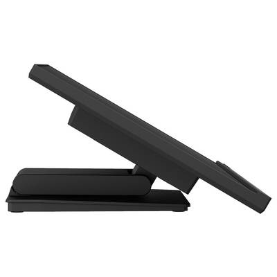 Černý nastavitelný stojan na monitor v naklonené poloze, který ukazuje jeho flexibilitu pro ergonomické použití na pracovních stolech.