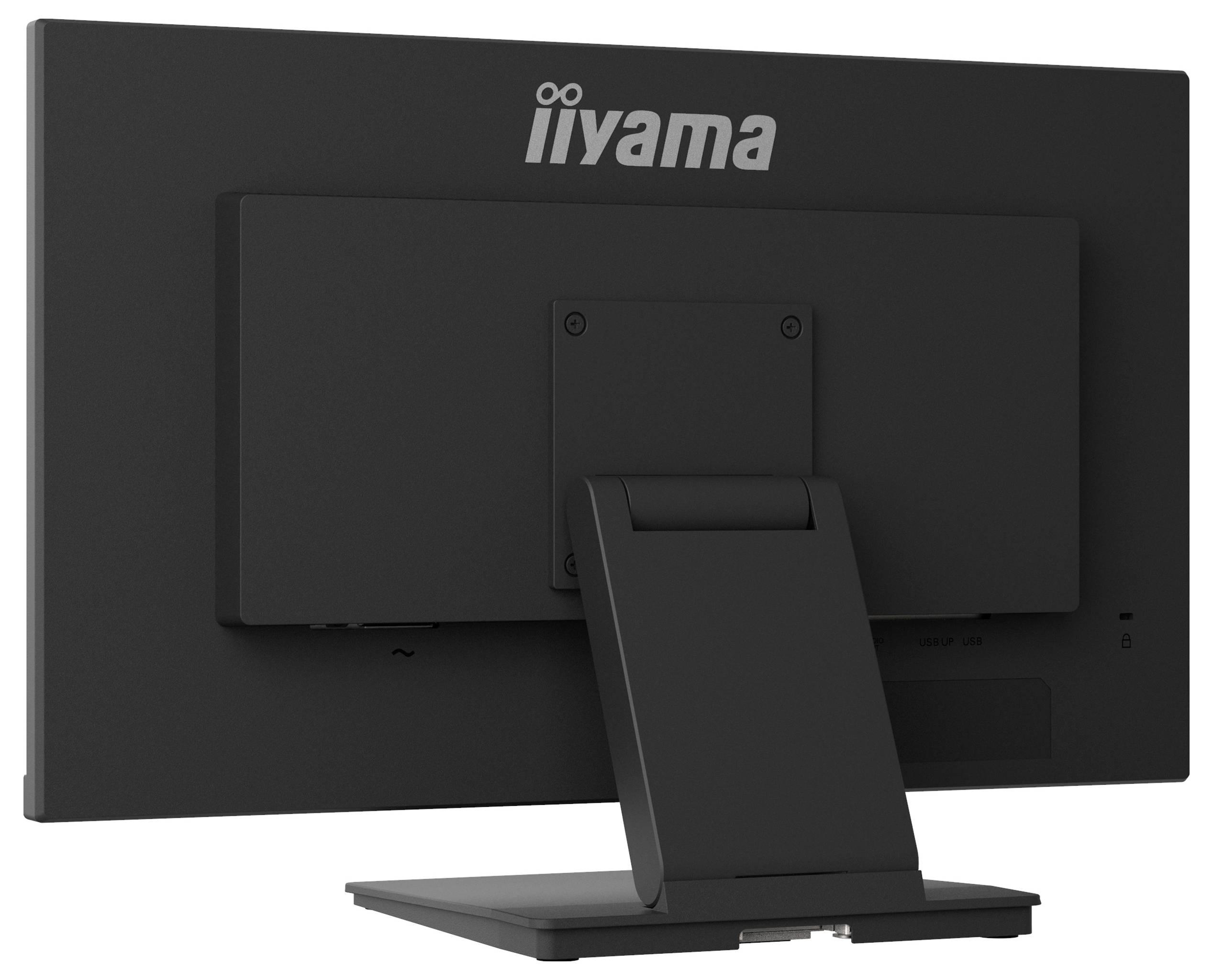 Obrázek ukazuje zadní stranu černého počítačového monitoru se stojanem značky 'iiyama.'