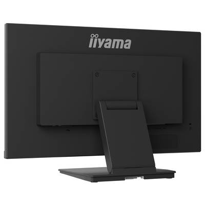 Obrázek ukazuje zadní stranu černého počítačového monitoru se stojanem značky 'iiyama.'
