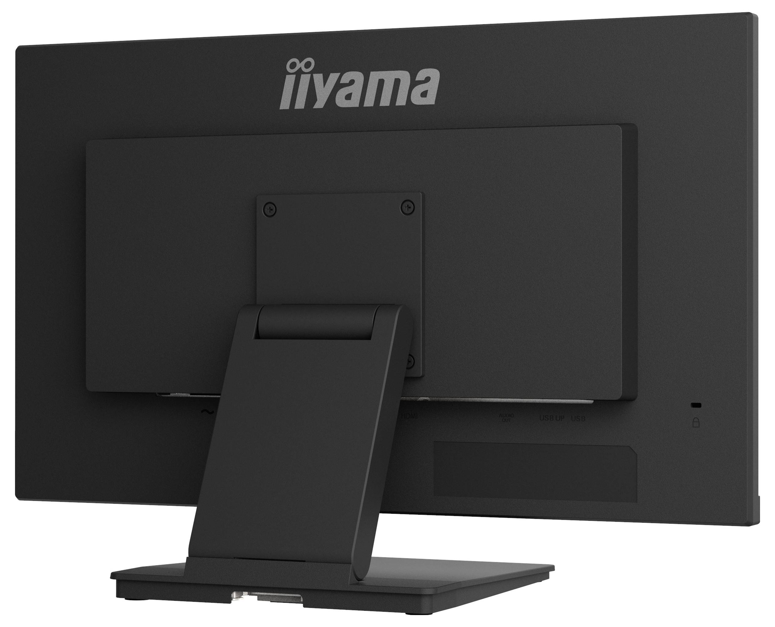Černý monitor iiyama zobrazený zezadu, ukazující jeho podstavec a design zadní strany.