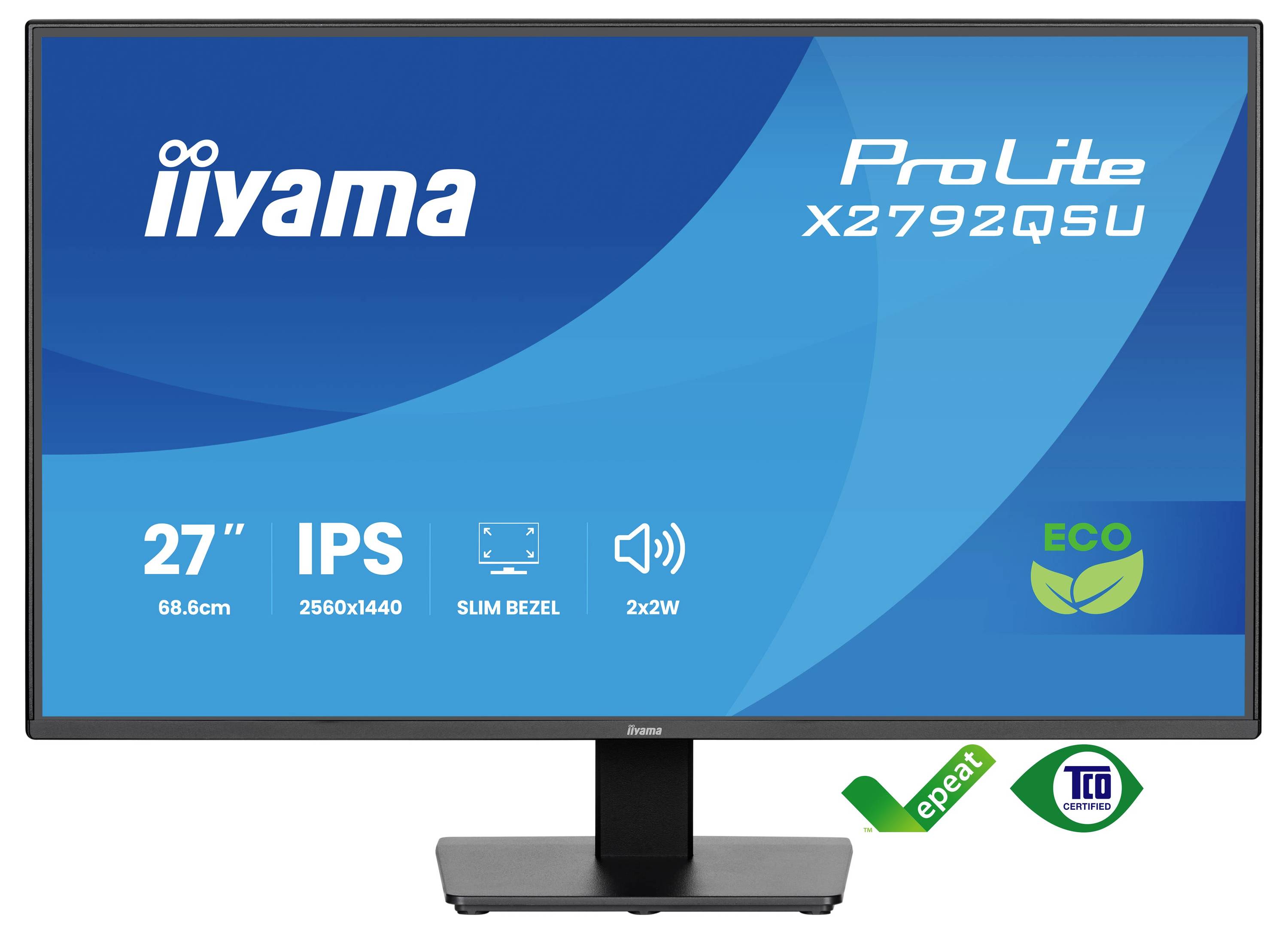 Monitor zobrazující 'iiyama ProLite X2792QSU' s funkcemi: 27" velikost, IPS, rozlišení 2560x1440, tenký rámeček, šetrný k životnímu prostředí, certifikován TCO.