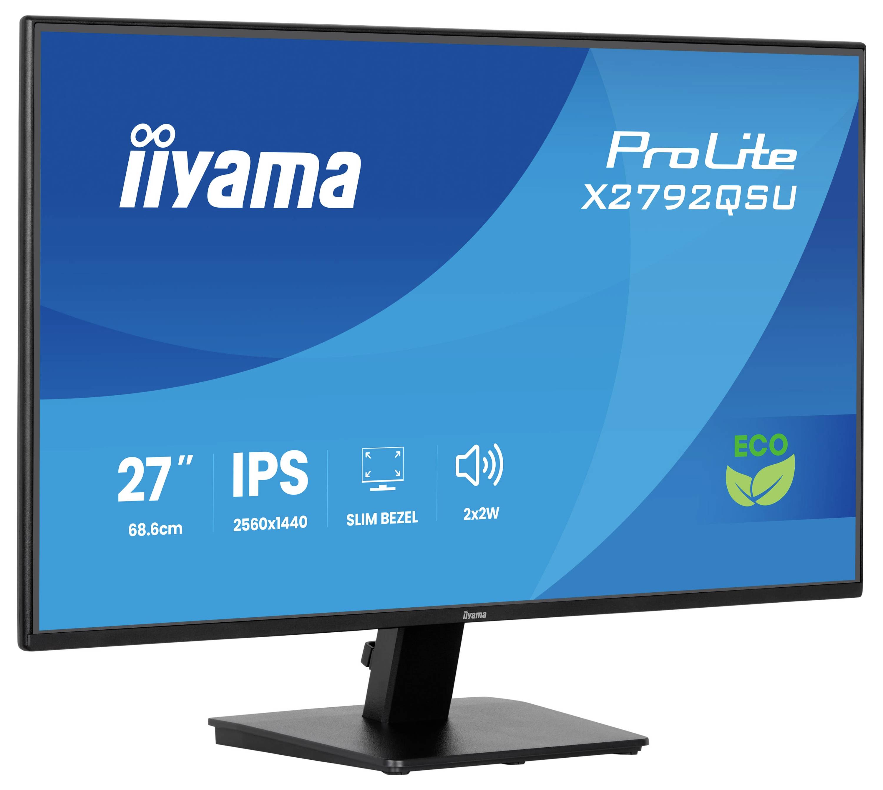 Monitor iiyama ProLite 27 palců, model X2792QSU, se vyznačuje rozlišením 2560x1440, IPS displejem, tenkým rámečkem, dvojitými 2W reproduktory a ekologickým designem.