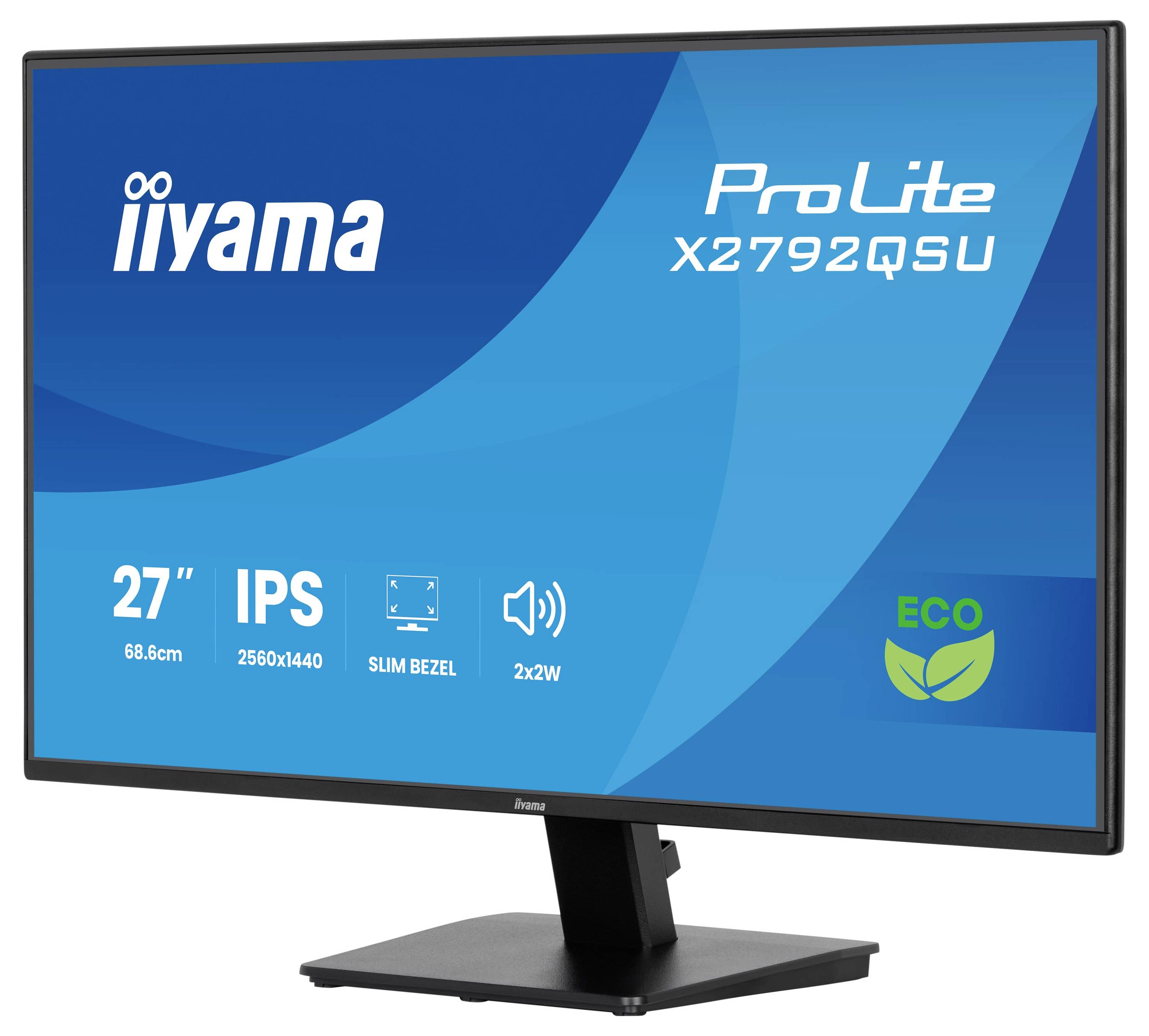 Zobrazovací zařízení s názvem 'ProLite X2792QSU', velikost 27 palců, rozlišení 2560x1440, panel IPS, tenký rámeček, uvedena funkce šetrná k životnímu prostředí.