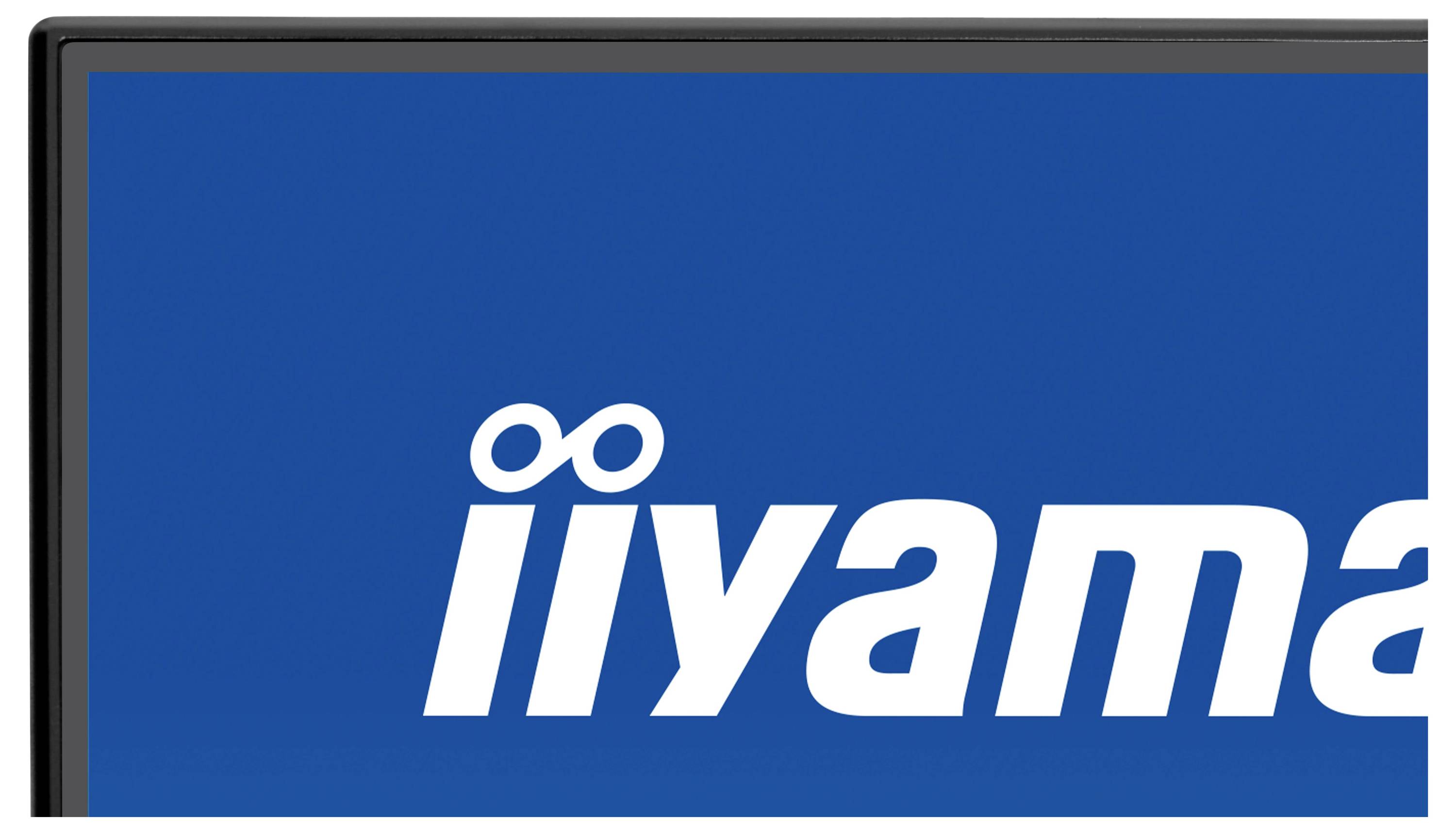 Částečný pohled na obrazovku s logem "iiyama" na modrém pozadí.