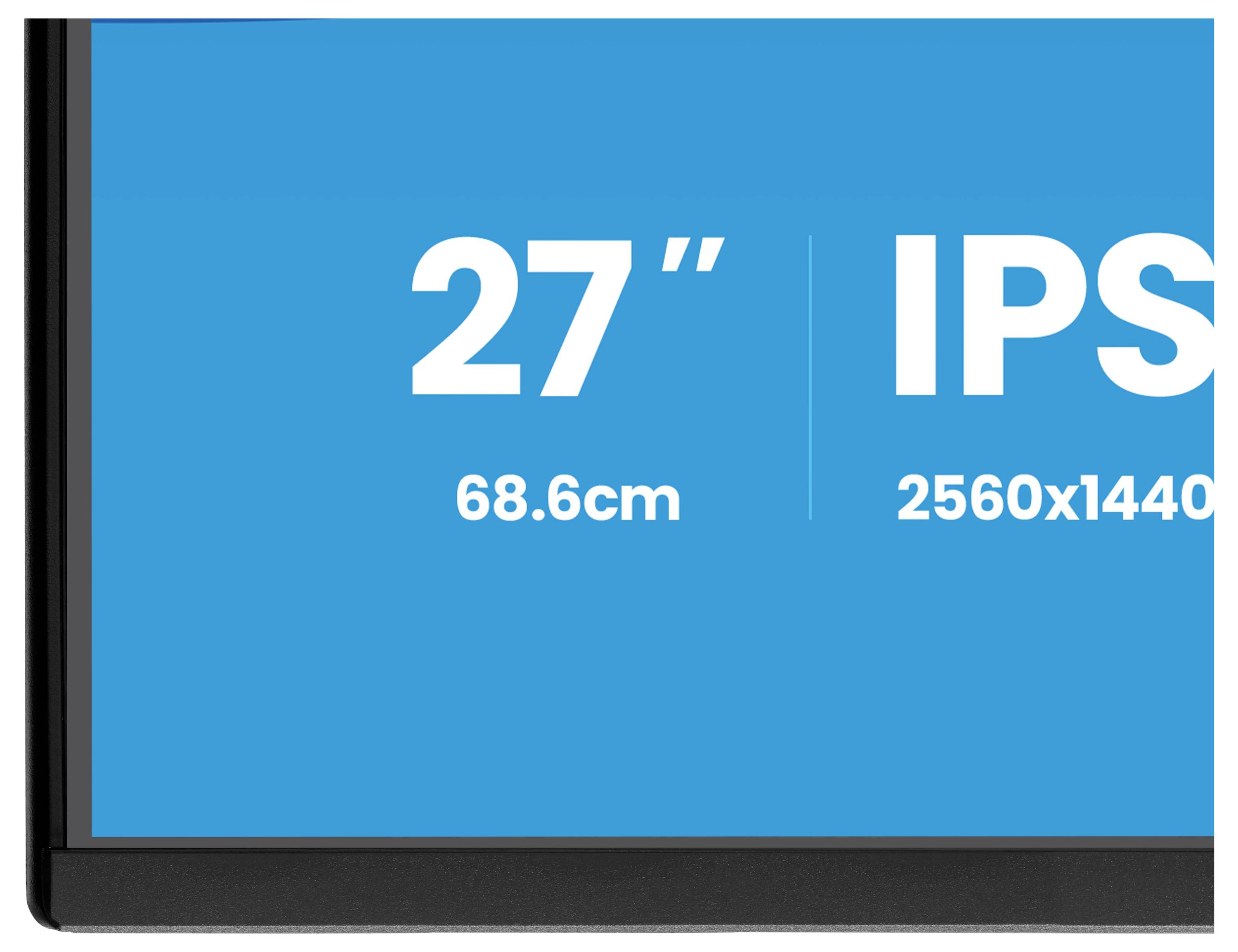 Roh počítačového monitoru je zobrazen s textem zní „27" 68,6cm IPS 2560x1440", což označuje jeho velikost a rozlišení.