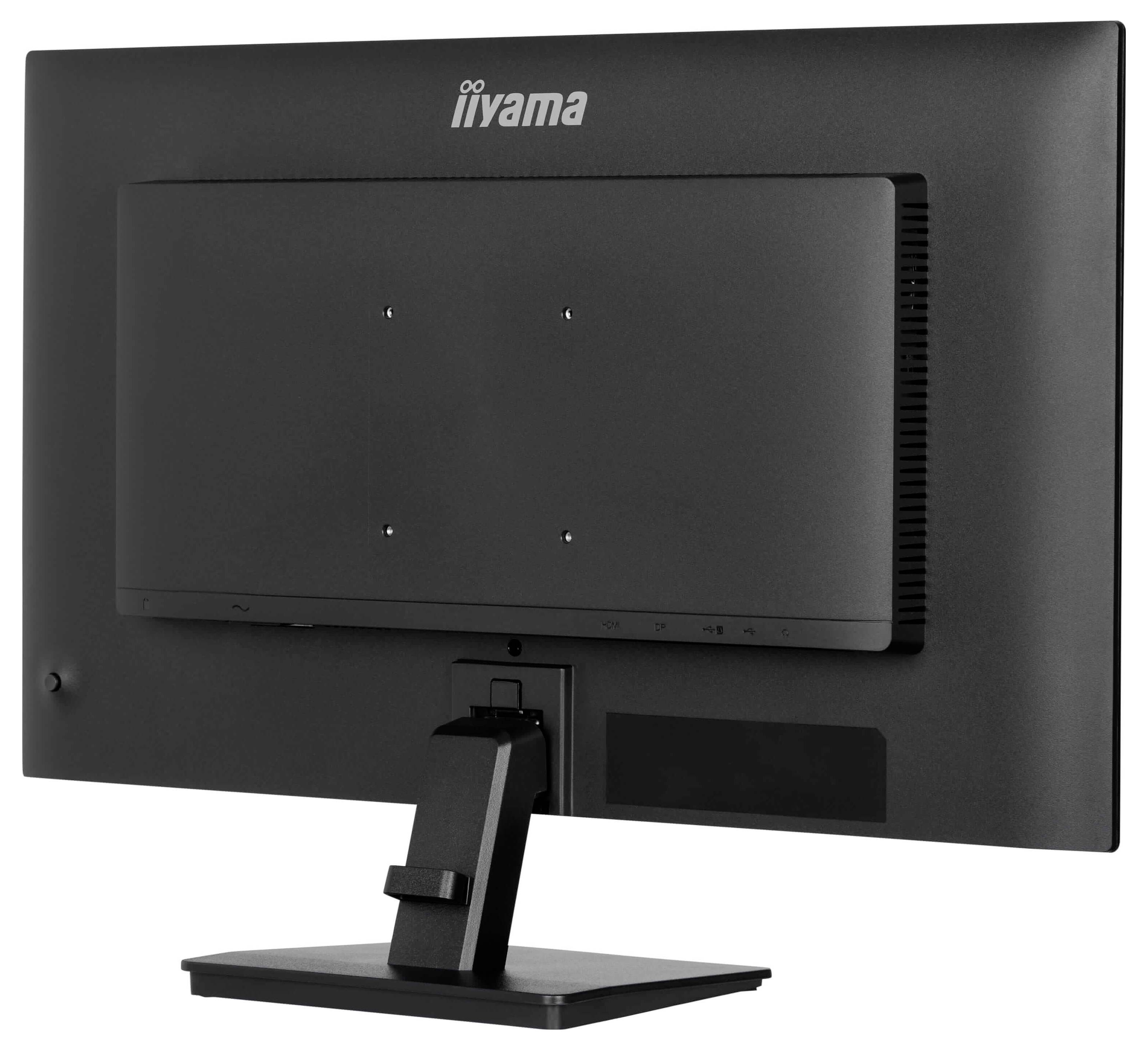 Kabely monitoru "ProLite XB2792HSU": napájecí s britskou vidlicí, HDMI a USB. Název značky "iiyama" zobrazený nahoře.