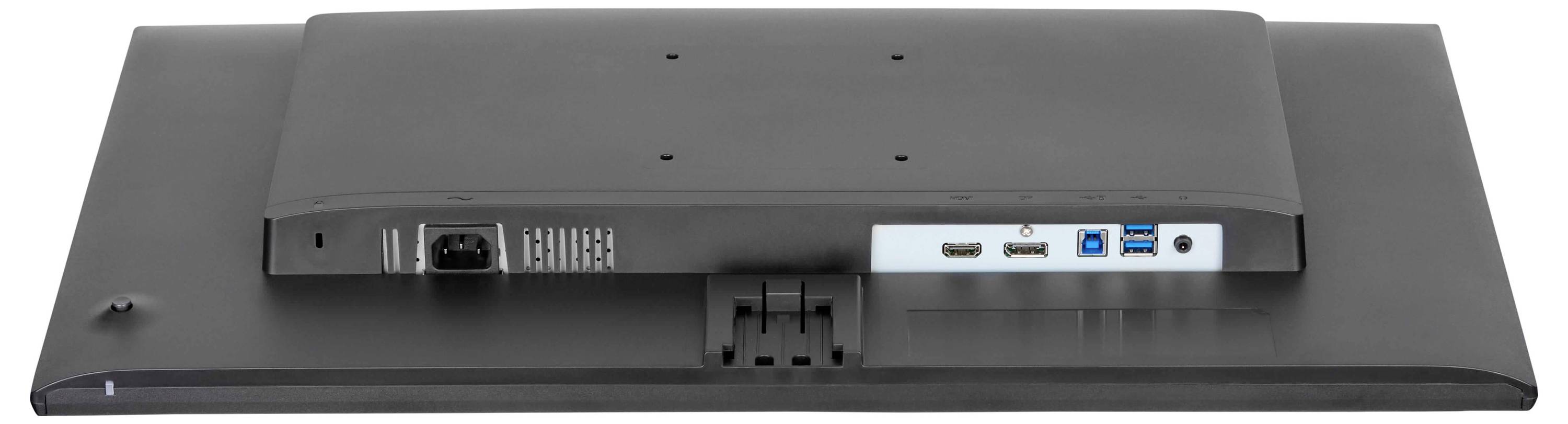 Zadní pohled na monitor zobrazující porty: HDMI, USB a audio. Napájecí vstup je vlevo. Konektor stojanu je uprostřed.