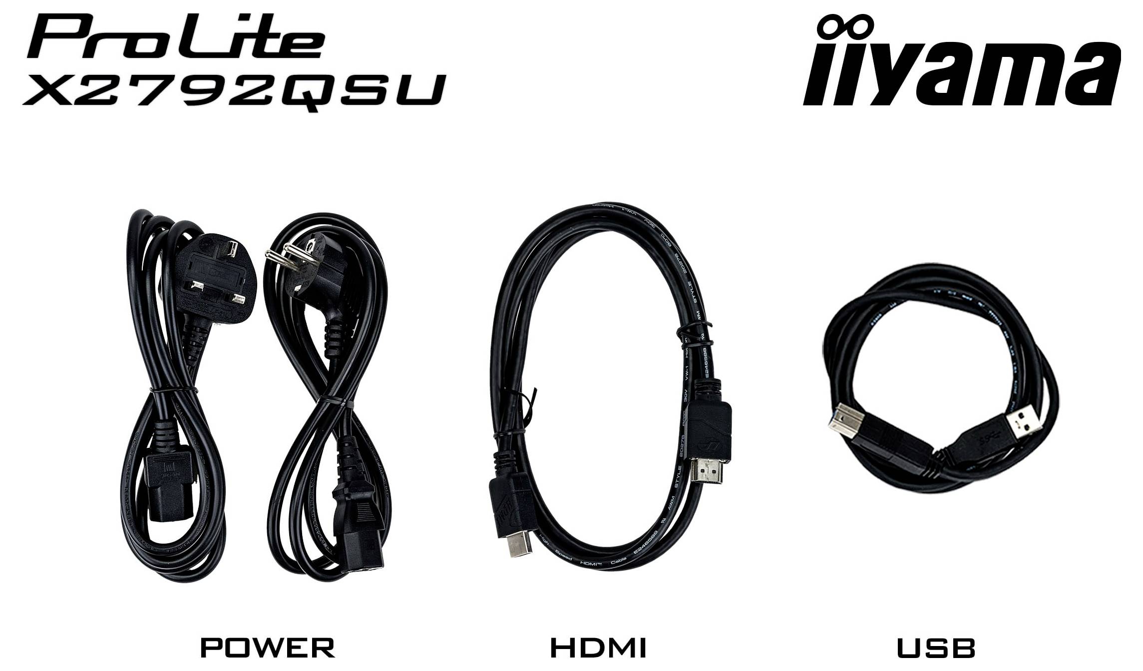 Kabely monitoru "ProLite X2792QSU": napájecí kabel, HDMI, USB.