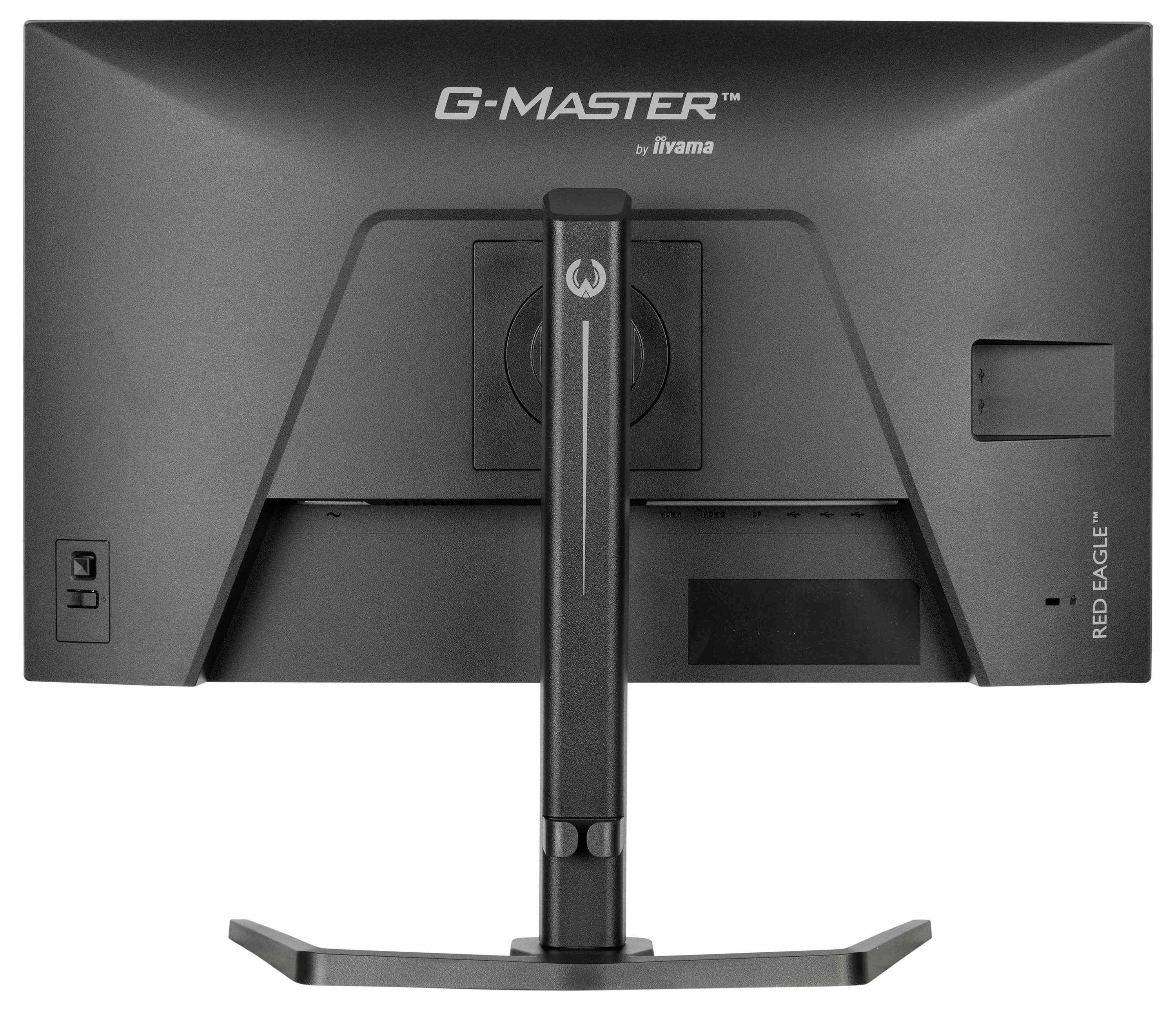 Na obrázku je zobrazen zadní pohled na monitor "G-Master" společnosti iiyama. Je namontován na stojanu a označen "Red Eagle".