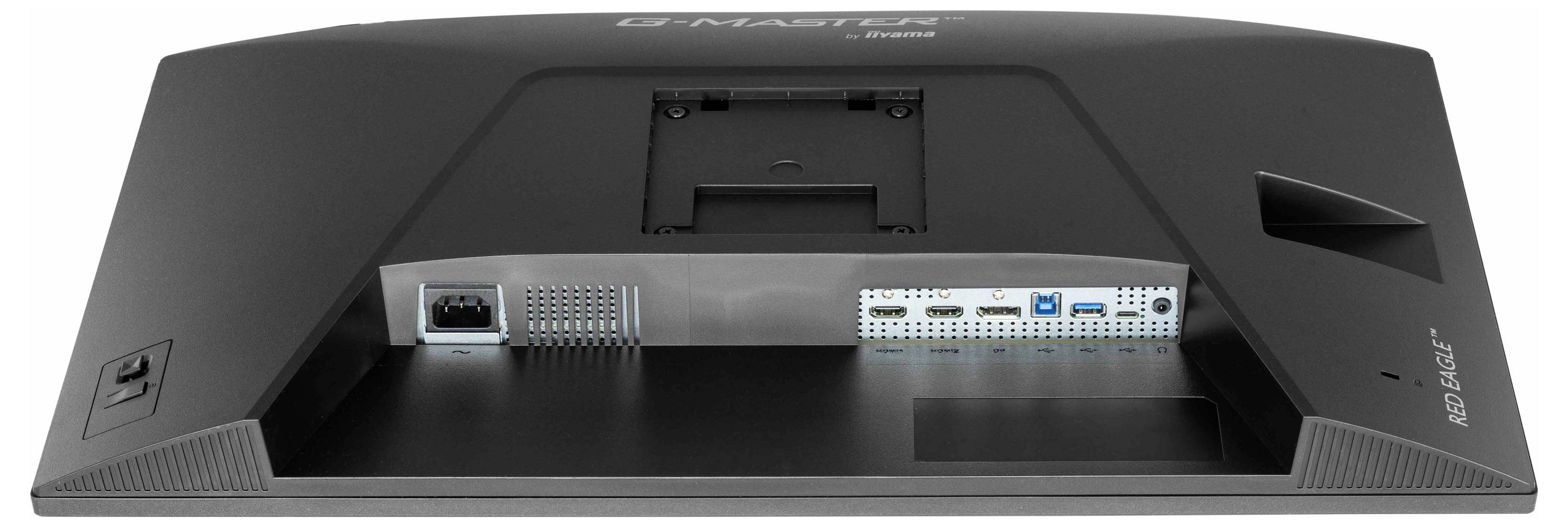 Zadní pohled na monitor zobrazující různé porty včetně zásuvky napájení, HDMI, USB a dalších konektivních rozhraní určených pro multimediální použití.