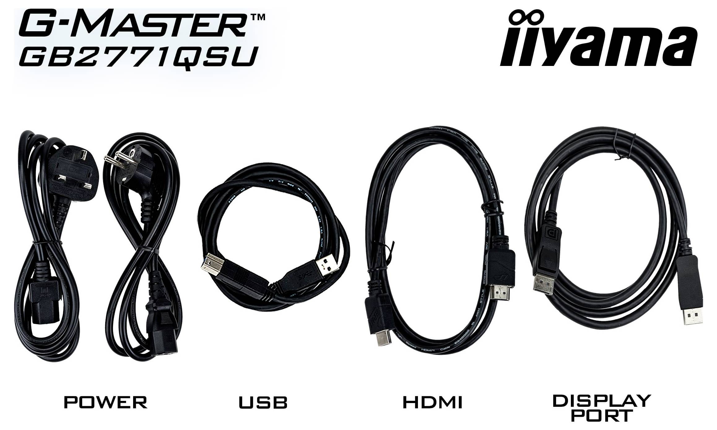 Obrázek zobrazující čtyři typy kabelů pro monitor iiyama: "Napájení", "USB", "HDMI" a "Display Port", řádně označené.