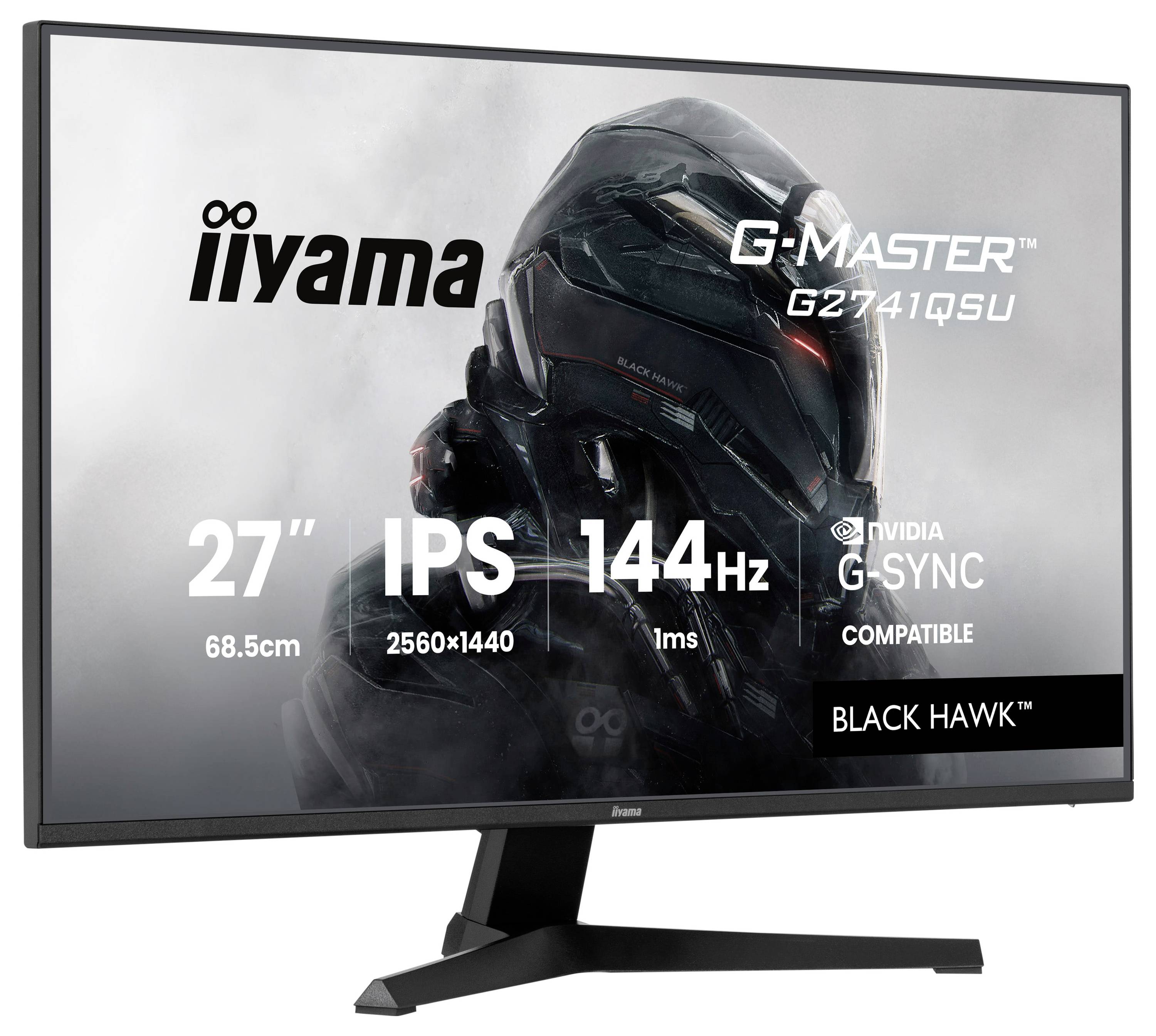 Monitor „iiyama G-Master G2741QSU" s parametry: 27" displej, rozlišení 2560x1440, obnovovací frekvence 144Hz, doba odezvy 1ms, kompatibilní s technologií G-SYNC.