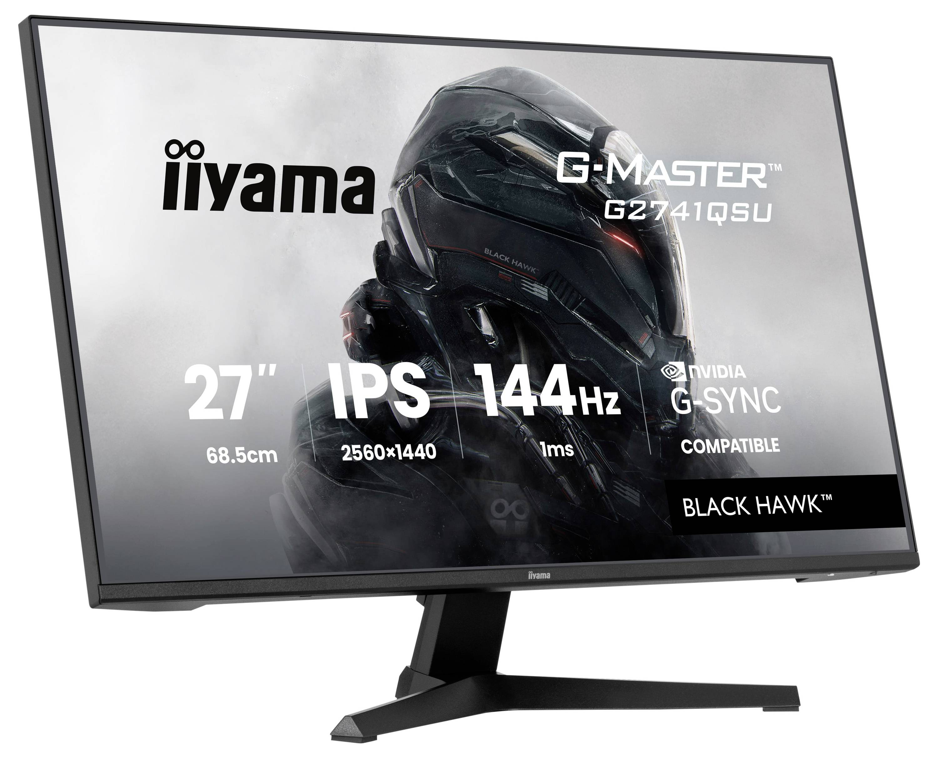 Počítačový monitor zobrazující postavu v zbroji na obrazovce, s textem upozorňujícím na "iiyama G-Master G2740QSU," 27", IPS, 144Hz.