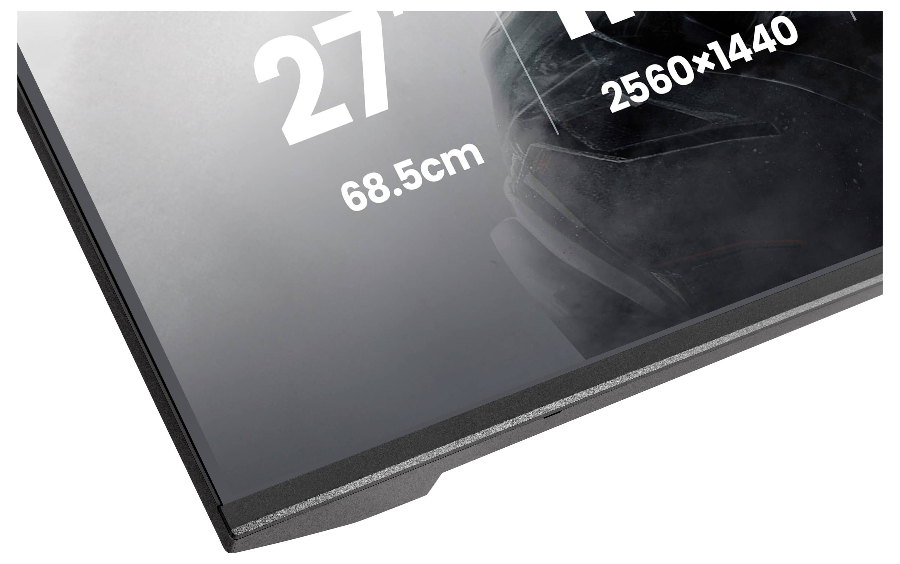 Monitor v širokém formátu s rohem zobrazujícím text '27', '68,5cm' a '2560x1440', který ukazuje velikost obrazovky a rozlišení, s elegantním designem.