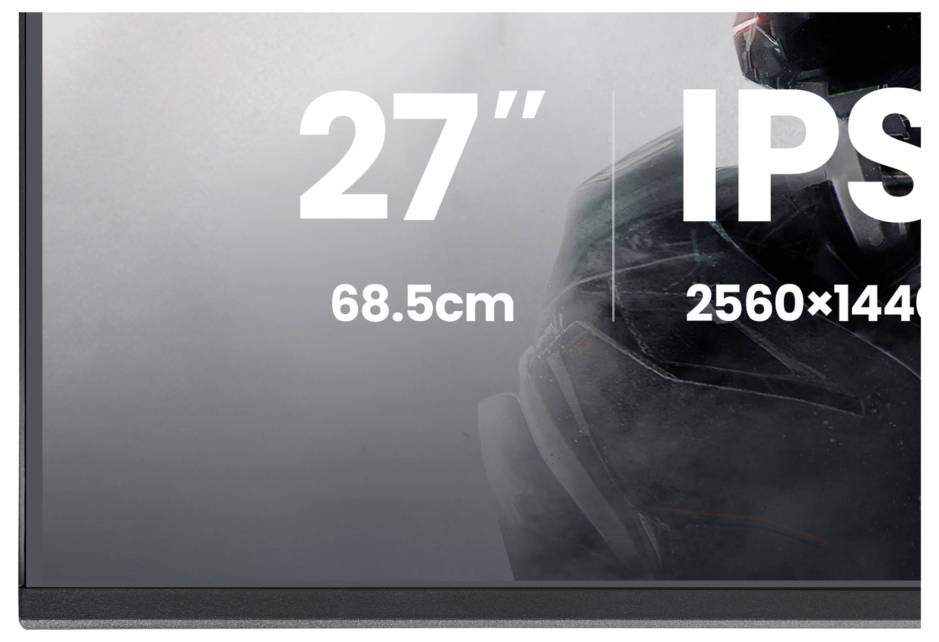 Částečný pohled na monitor zobrazující specifikace: „27"" úhlopříčka obrazovky, „68,5cm", technologie „IPS", rozlišení „2560×1440".