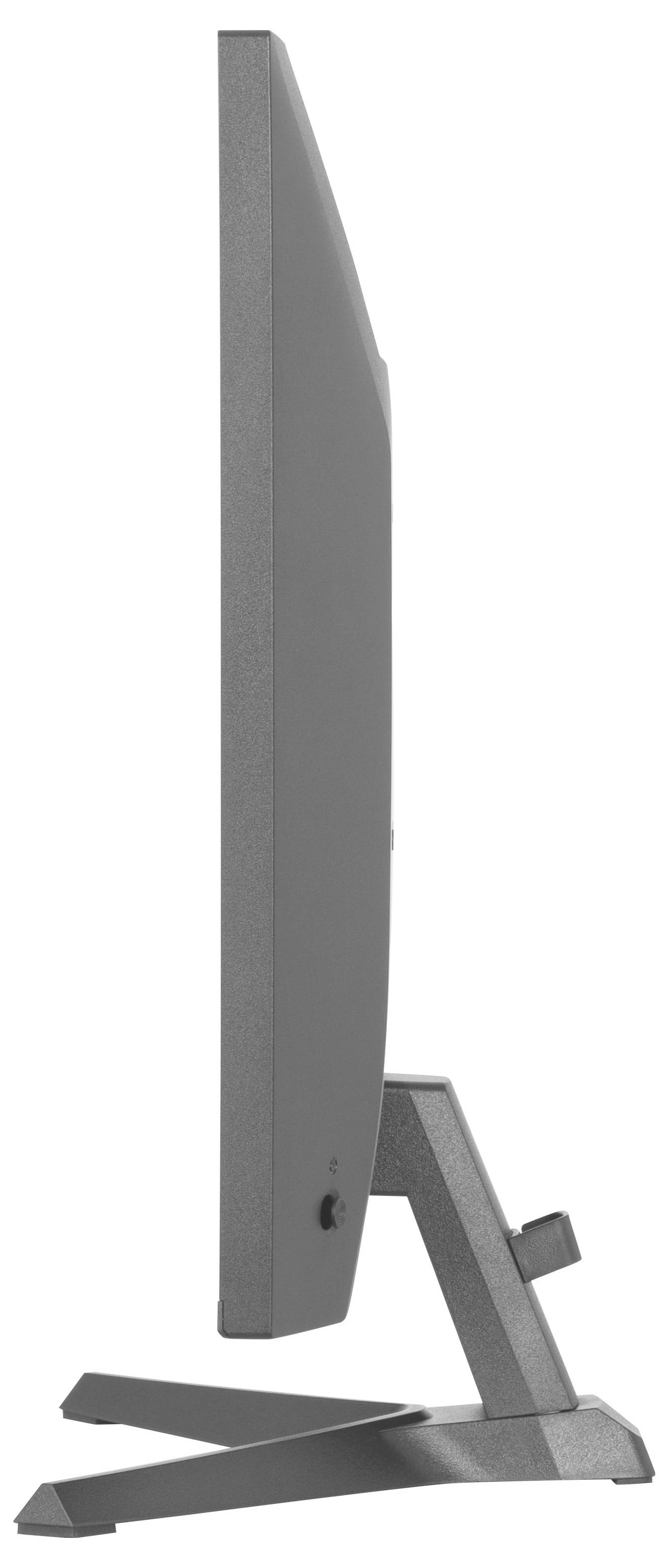 Boční pohled na elegantní, moderní počítačový monitor s obdélníkovým kovovým stojanem, demonstrujícím tenký design a minimalistickou strukturu.