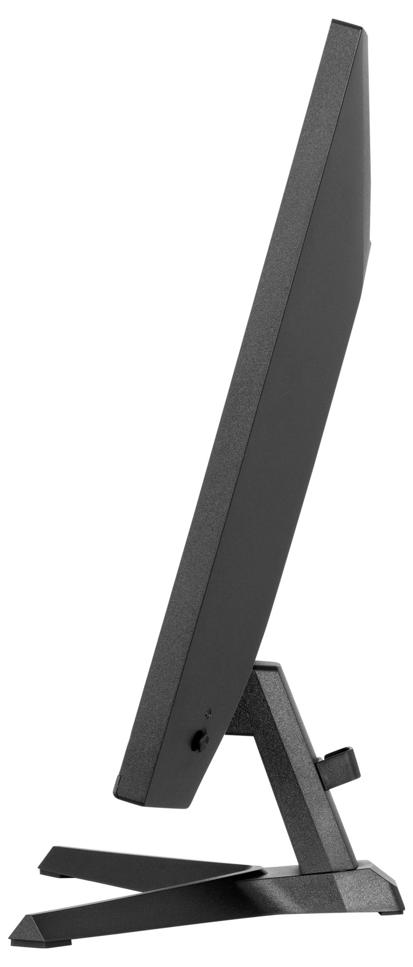 Boční pohled na moderní, štíhlý počítačový monitor se solidním stojanem, který demonstruje jeho elegantní profil a minimalistický design.