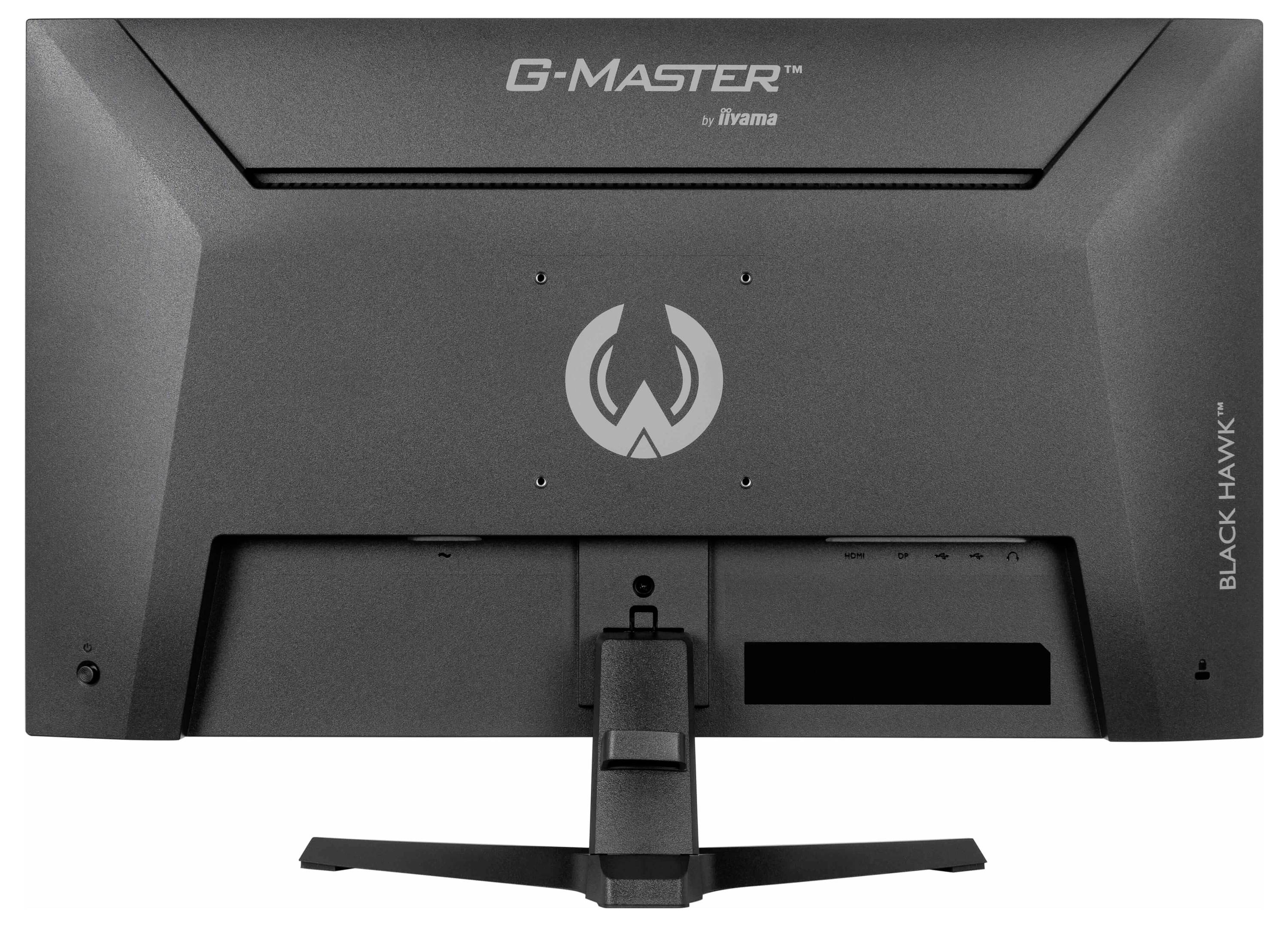Černý monitor obrácený zády s textem „G-Master by Iiyama" nahoře a „Black Hawk" na straně.