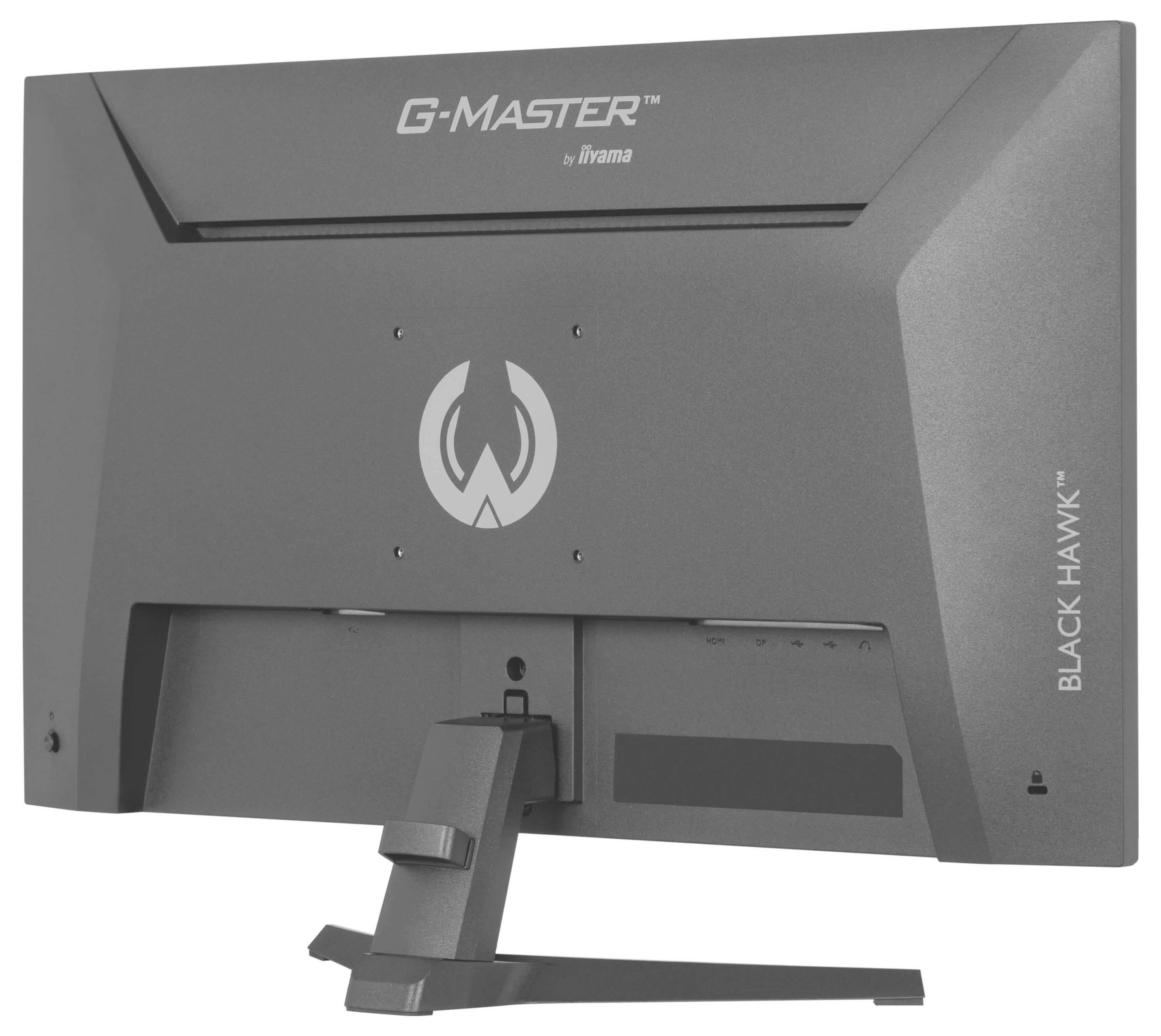 Zadní pohled monitoru 'G-Master Black Hawk' s úhlovým designem a stojanem, který obsahuje logo značky.
