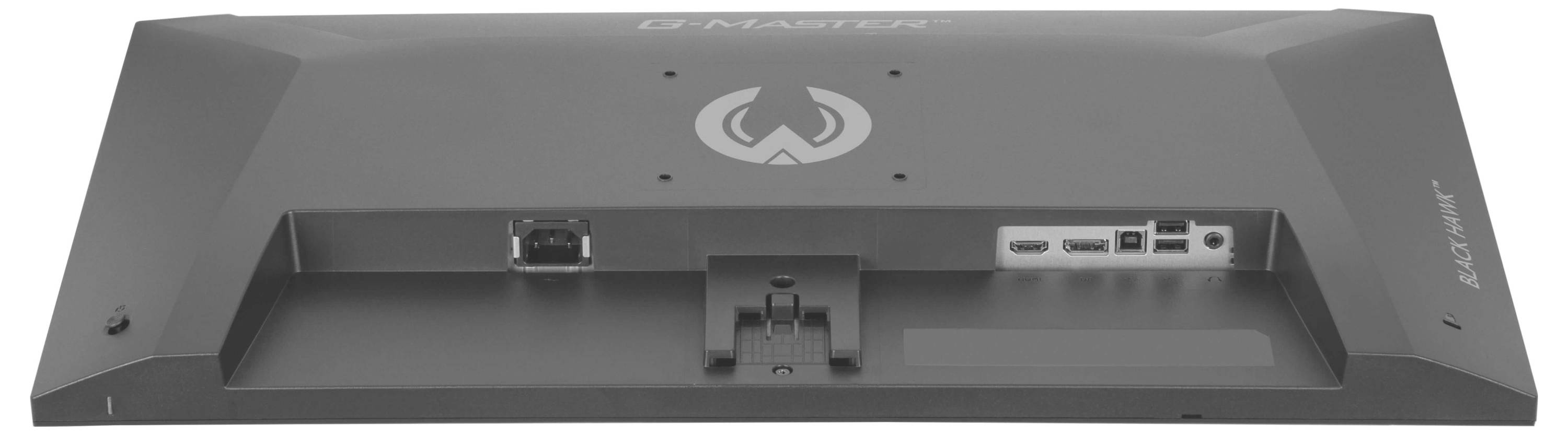 Obrázek ukazuje zadní stranu počítačového monitoru s několika porty, včetně USB, HDMI a DisplayPort, což zdůrazňuje možnosti připojení.